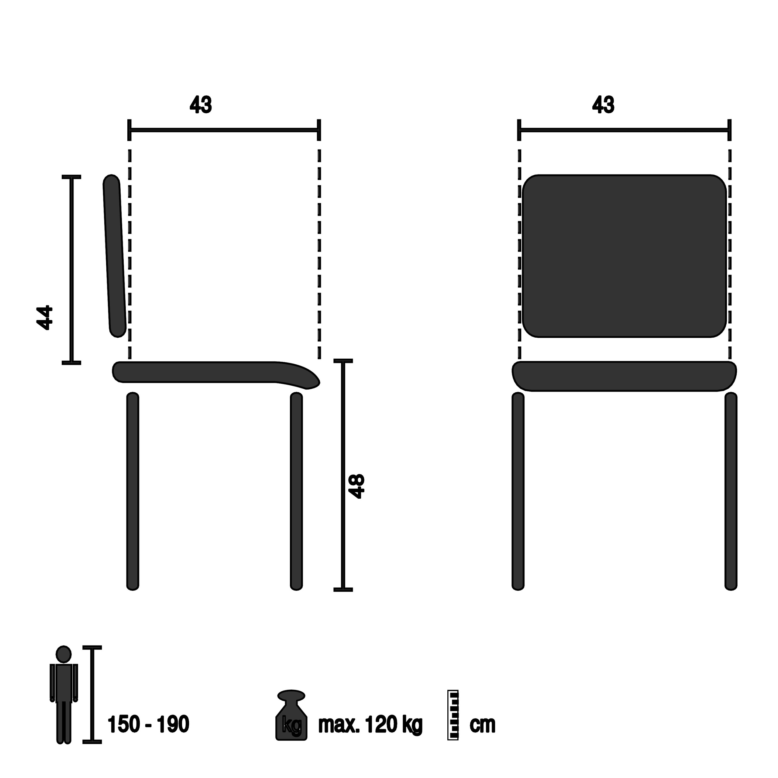 Diagramm zeigt Stuhlmaße in cm und Gewichtsgrenze von 120 kg.