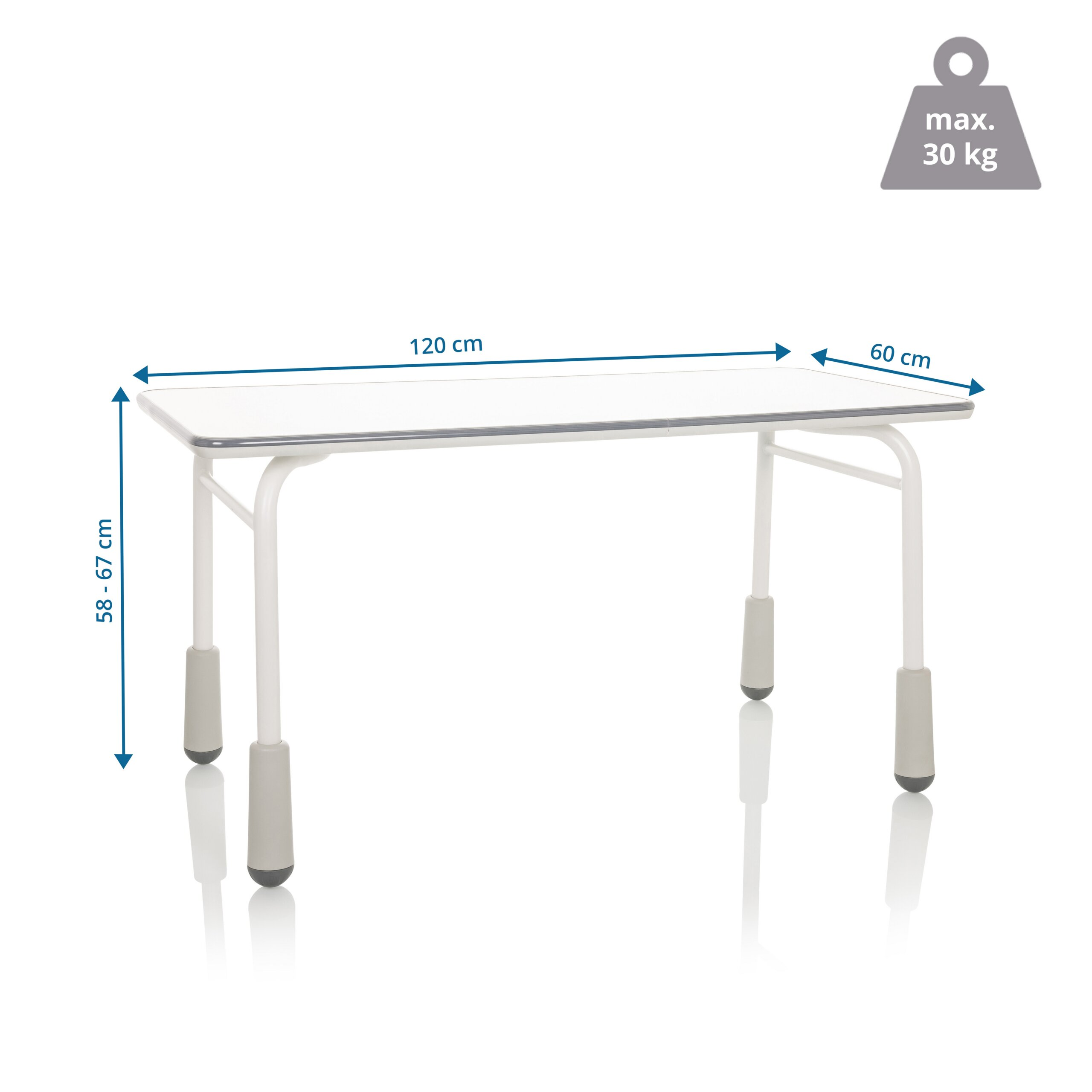 Weißer Schreibtisch mit Maßen 120x60 cm, Höhe 58-67 cm und einem Gewichtslimit von max. 30 kg.