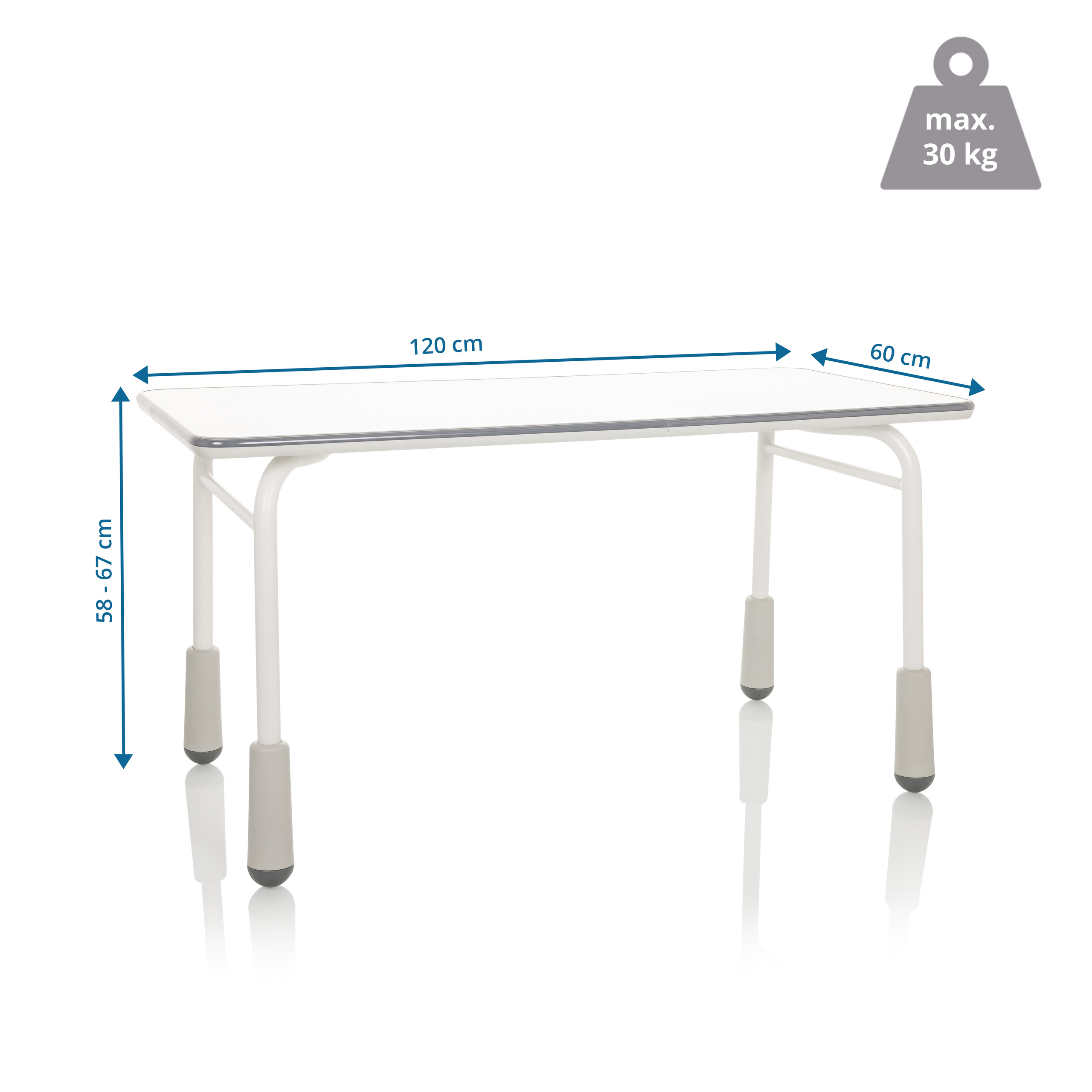 Weißer Kindertisch mit Maßen 120x60 cm und höhenverstellbaren Beinen 58-67 cm, max. 30 kg Belastung.