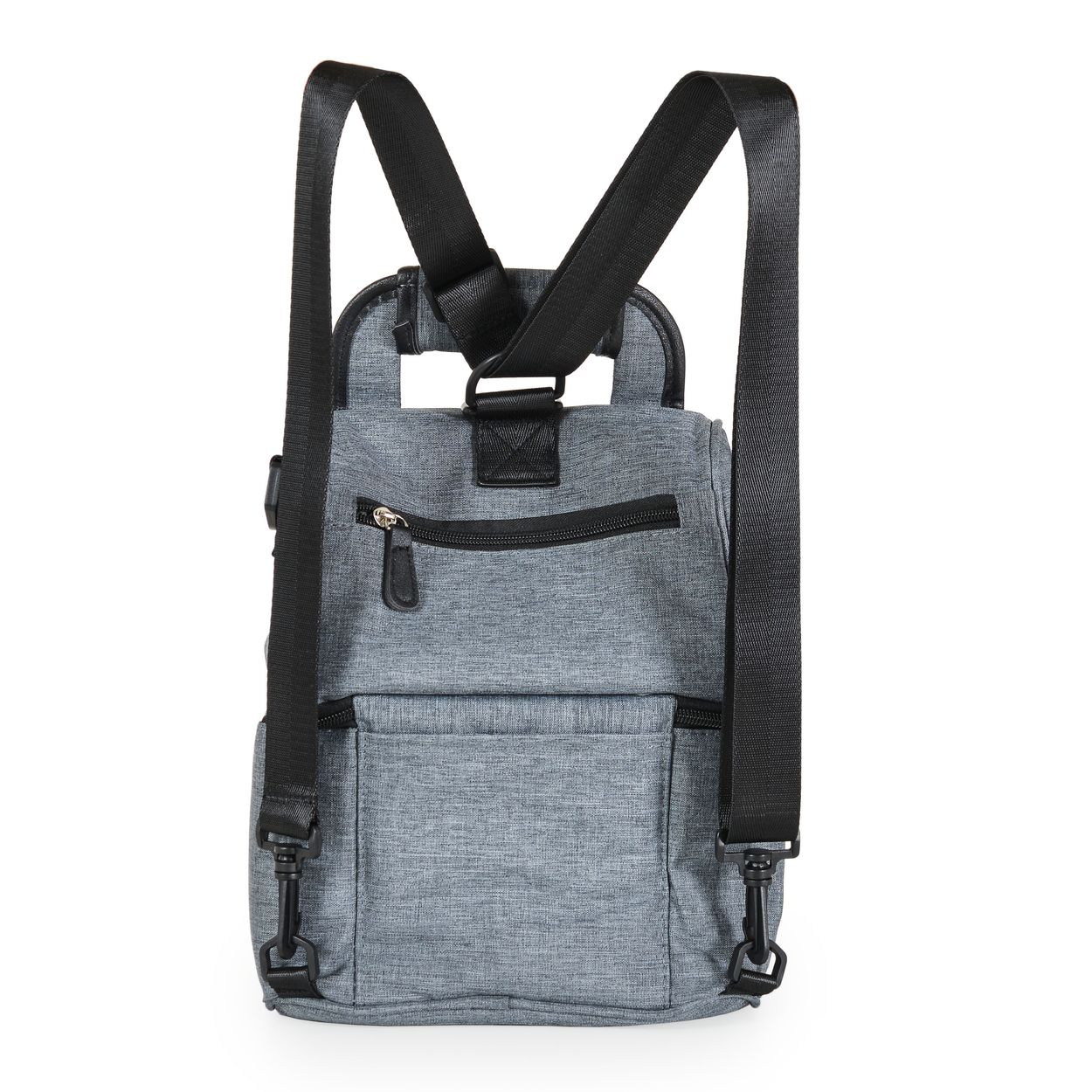 Ein grauer Stoffrucksack mit schwarzen Trägern, einem oberen Griff und Reißverschlusstaschen auf weißem Hintergrund.
