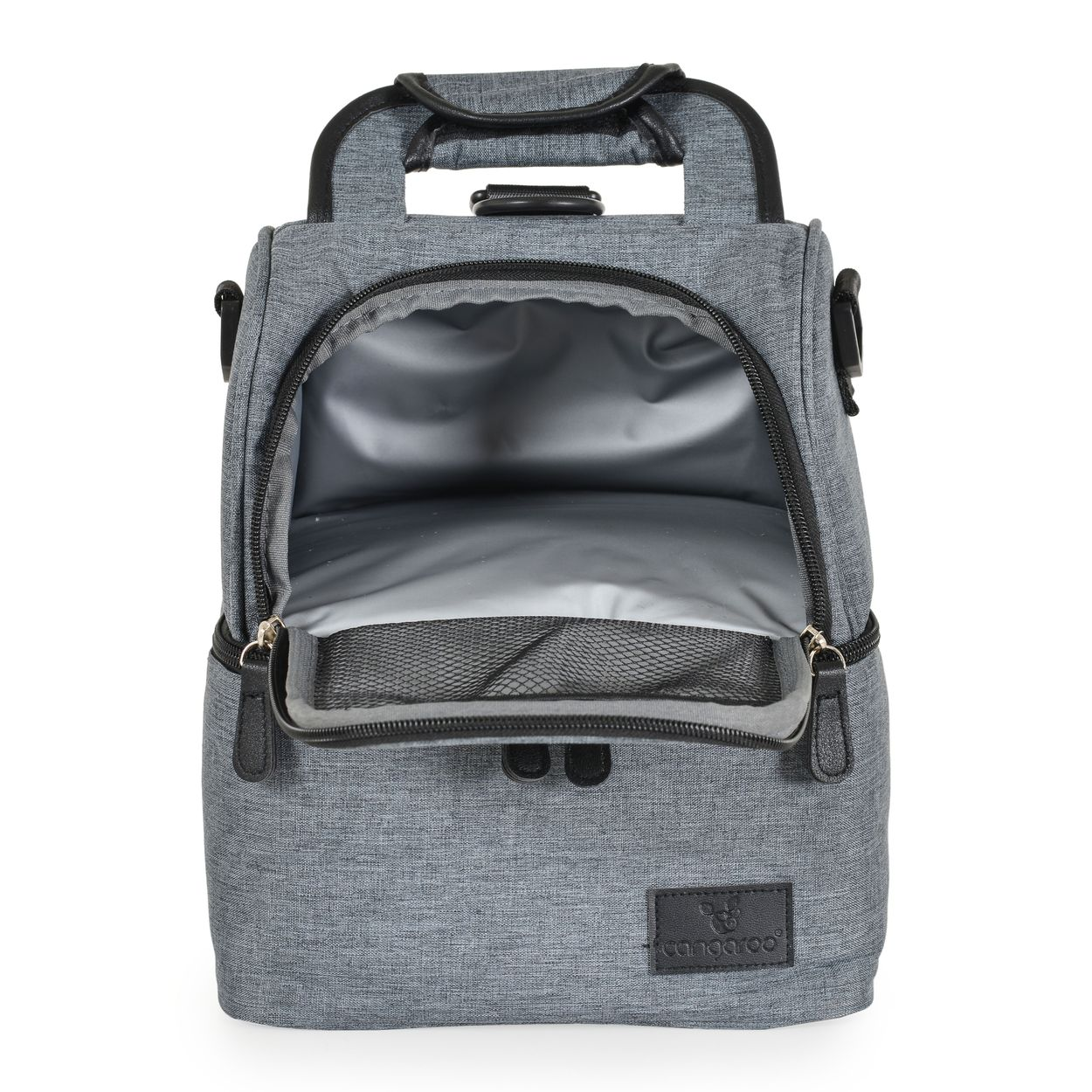 Eine offene graue Stofftasche mit schwarzem Griff und weißem Isolierinnenraum vor weißem Hintergrund.