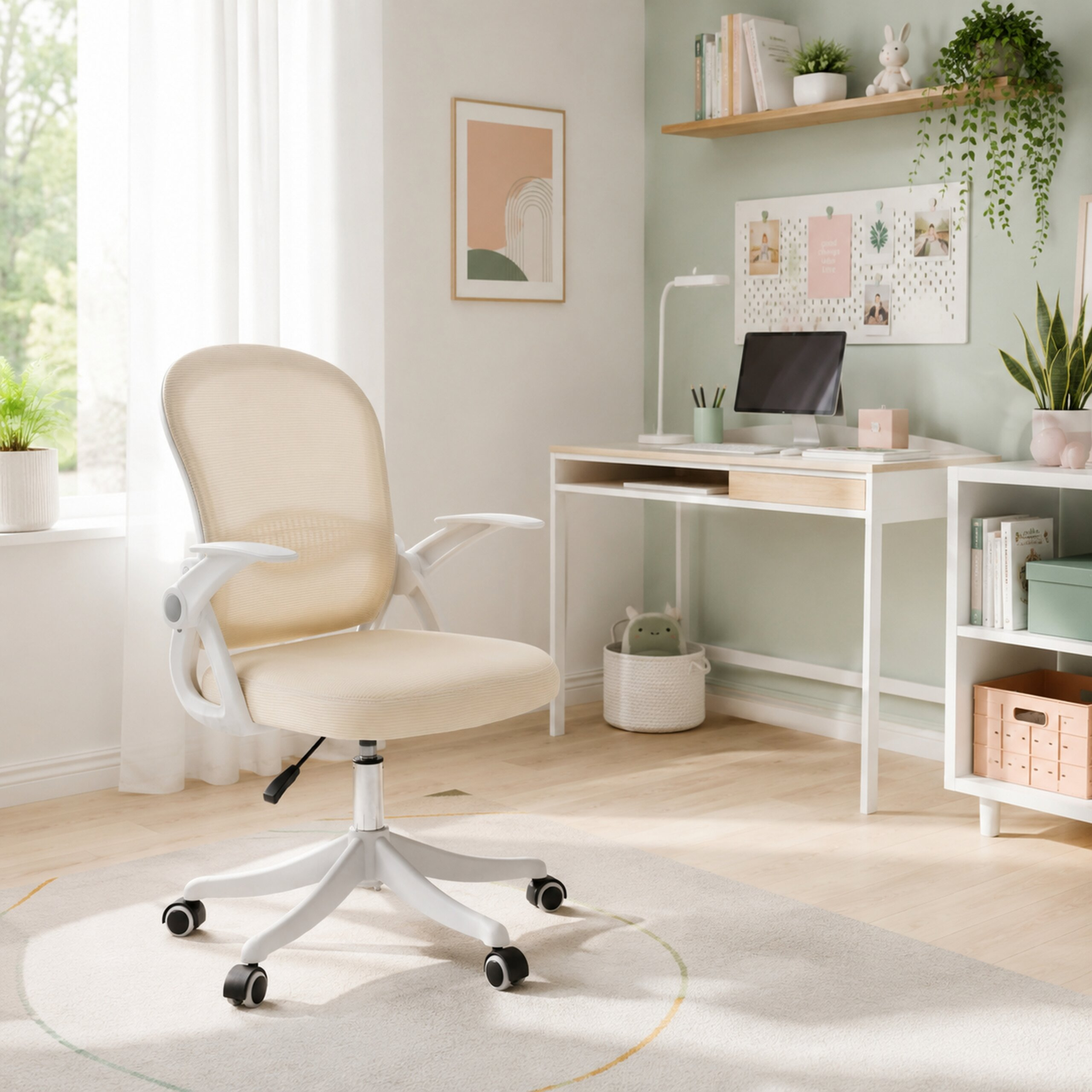 Ein beiger ergonomischer Buerostuhl steht auf einem Teppich in einem hellen, modernen Zimmer mit einem weissen Tisch und Regalen.