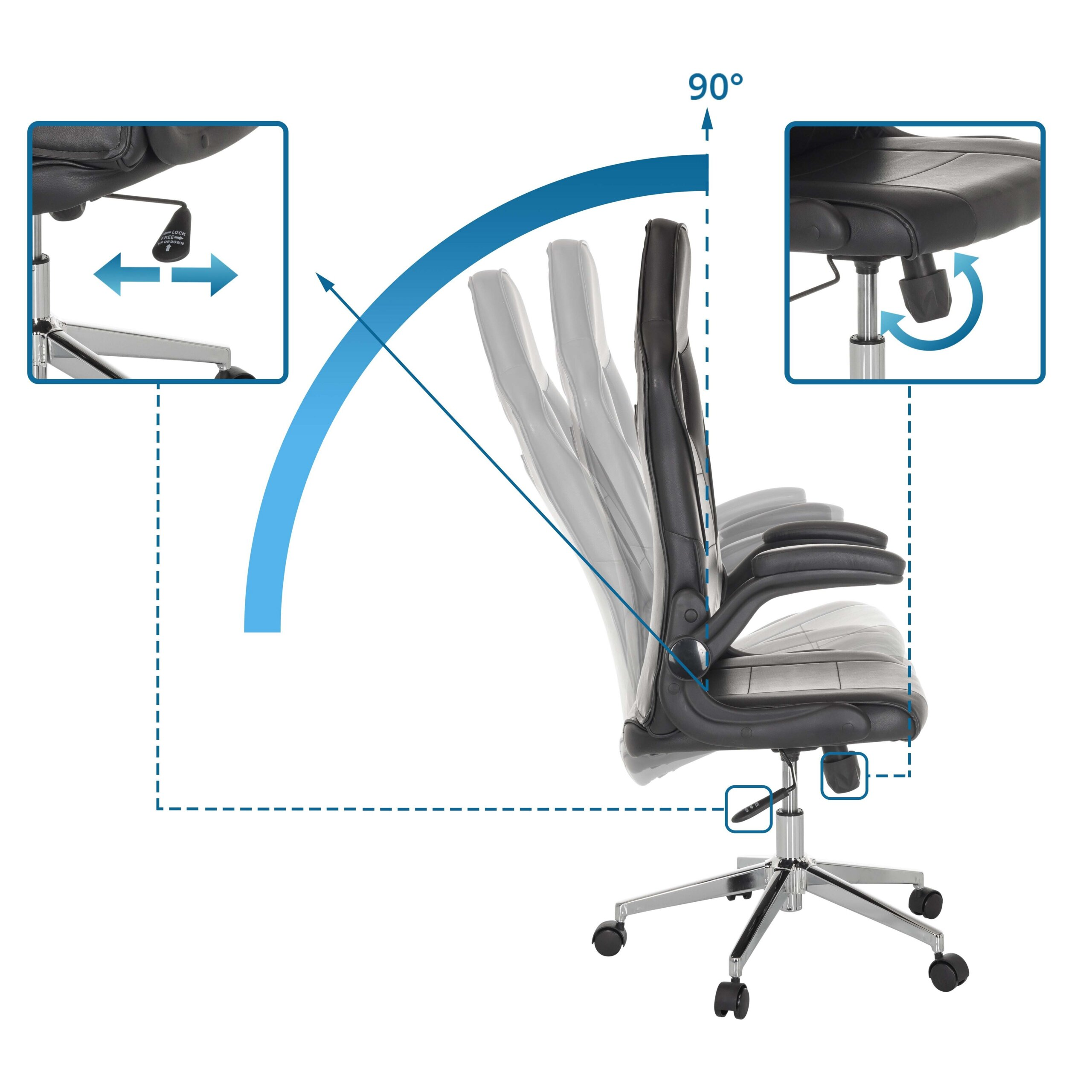 Diagramm zeigt die Neigungsverstellung eines schwarzen Buerostuhls mit 90-Grad-Winkel und Zoom-In-Ansichten.