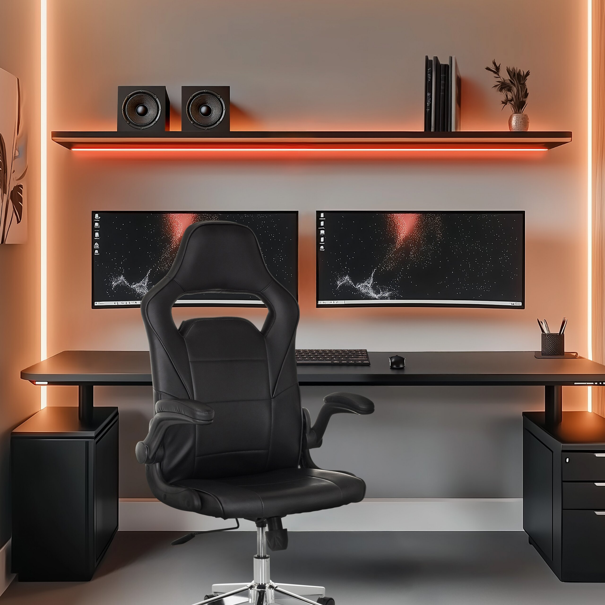 Ein modernes Gaming-Setup mit schwarzem Stuhl, Schreibtisch, zwei Monitoren, Lautsprechern und orangefarbenem Licht.