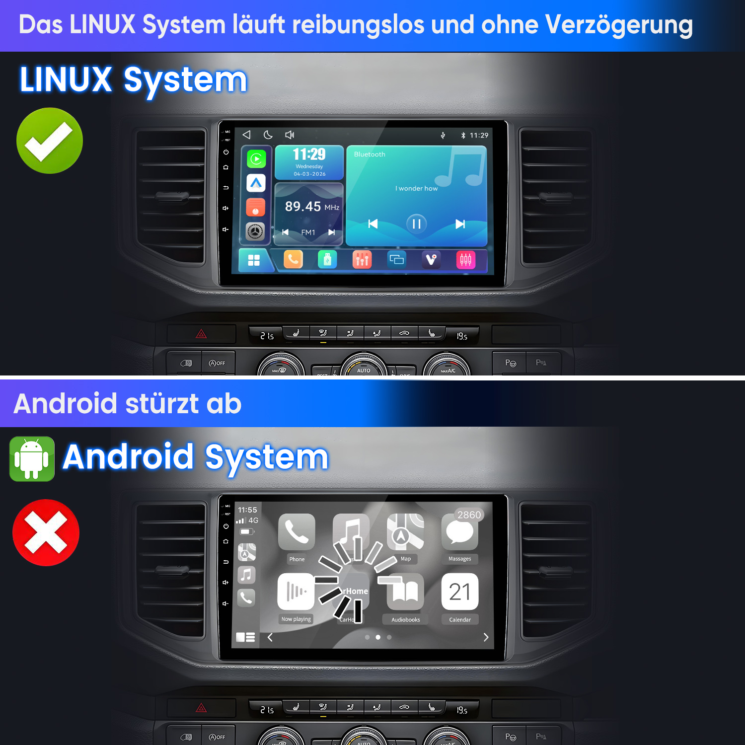 Vergleich zweier Auto-Displays: Linux-System läuft flüssig, Android-System zeigt Fehlermeldung.