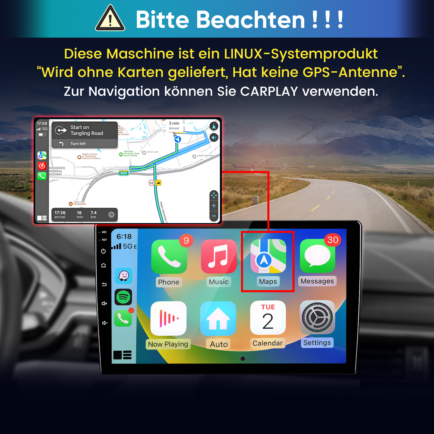 Ein Auto-Bildschirm mit Navigations-App und App-Icons, sowie eine deutsche Warnung zu Linux und CarPlay.