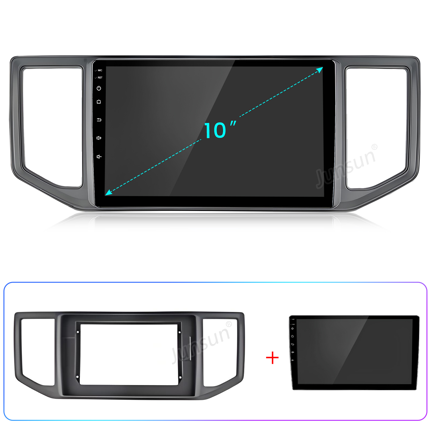 10-Zoll-Auto-Multimedia-Display mit passendem Armaturenbremstrahmen und Touchscreen.