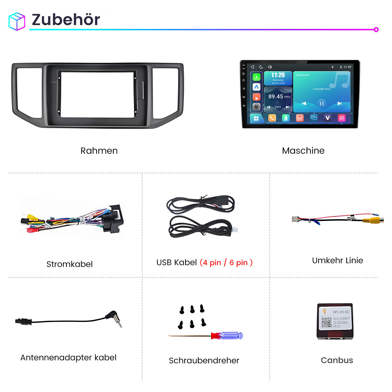 Autozubehör wie Rahmen, Display, Kabel, Schraubendreher und Canbus.