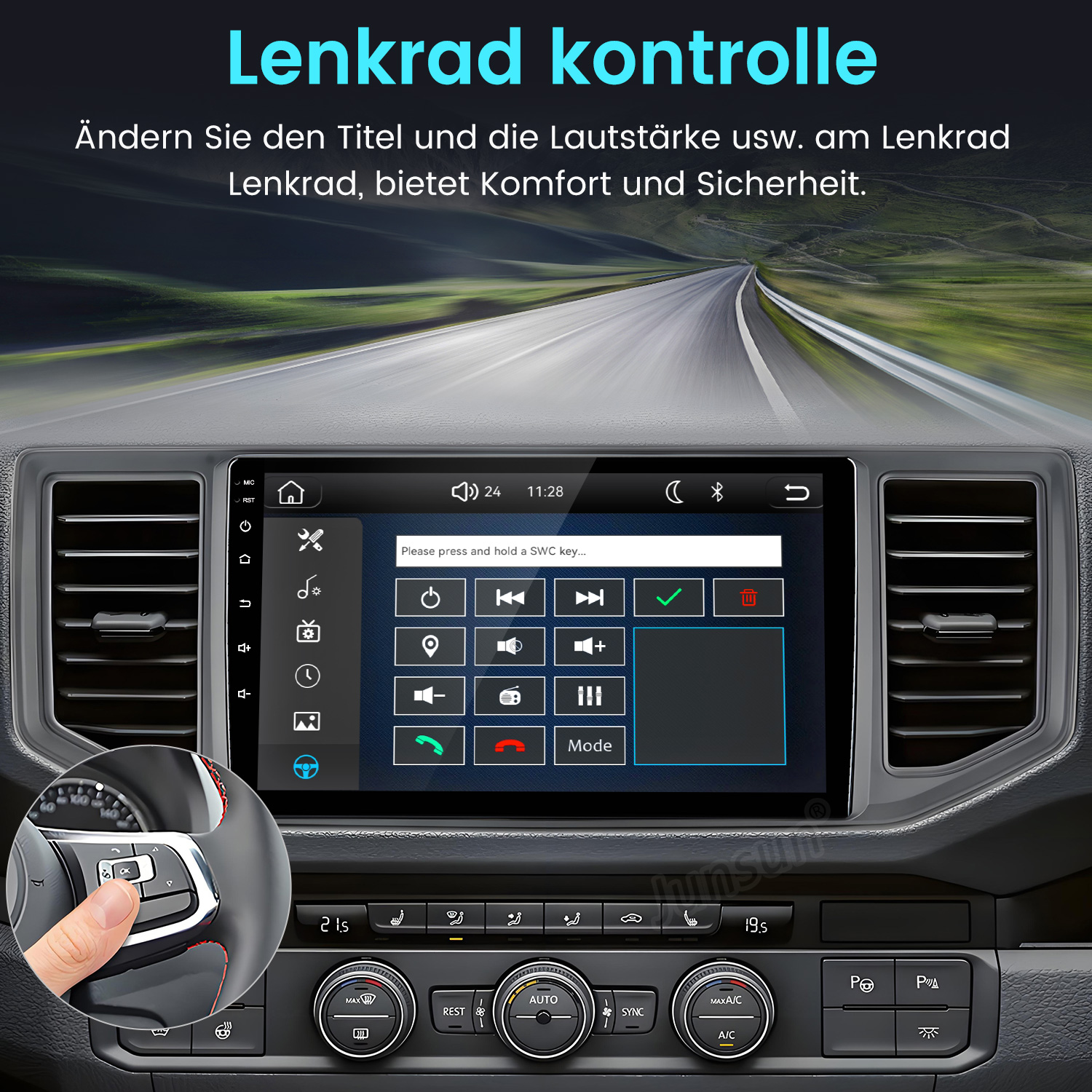 Ein Auto-Infotainment-Bildschirm zeigt Menüs, mit einem runden Insert, das Lenkradtasten vor einer Straßenszene zeigt.