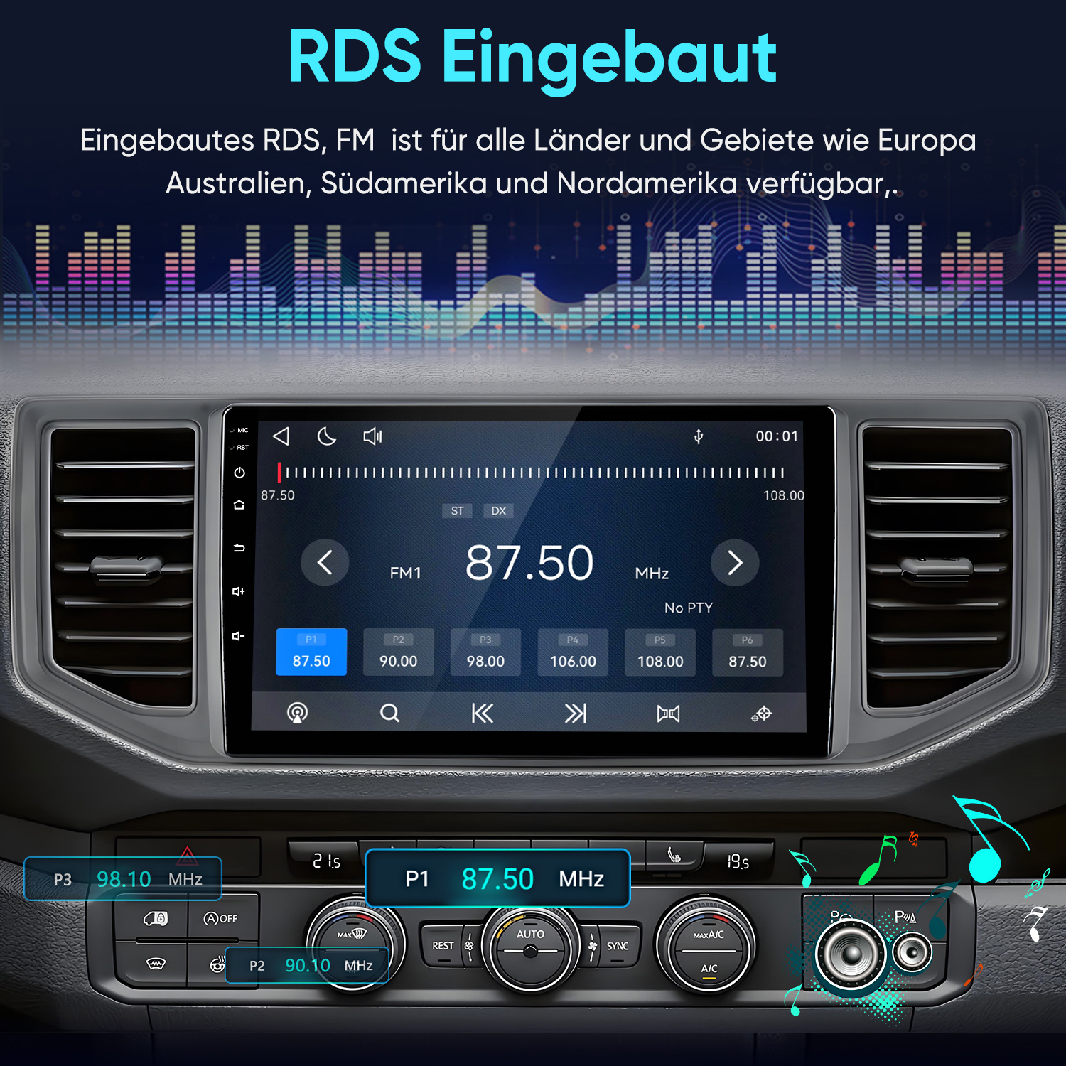 Autoradio mit FM-RDS-Anzeige auf dem Touchscreen und Bedienknöpfen darunter.