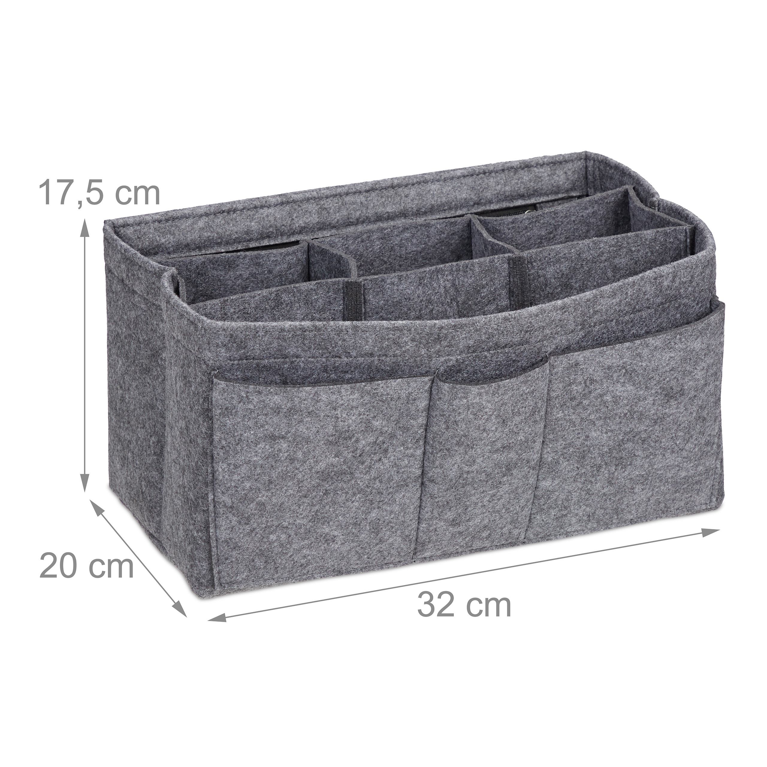 Grauer Filz-Handtaschen-Organizer mit Fächern und Maßen 32x20x17,5 cm auf weißem Hintergrund.