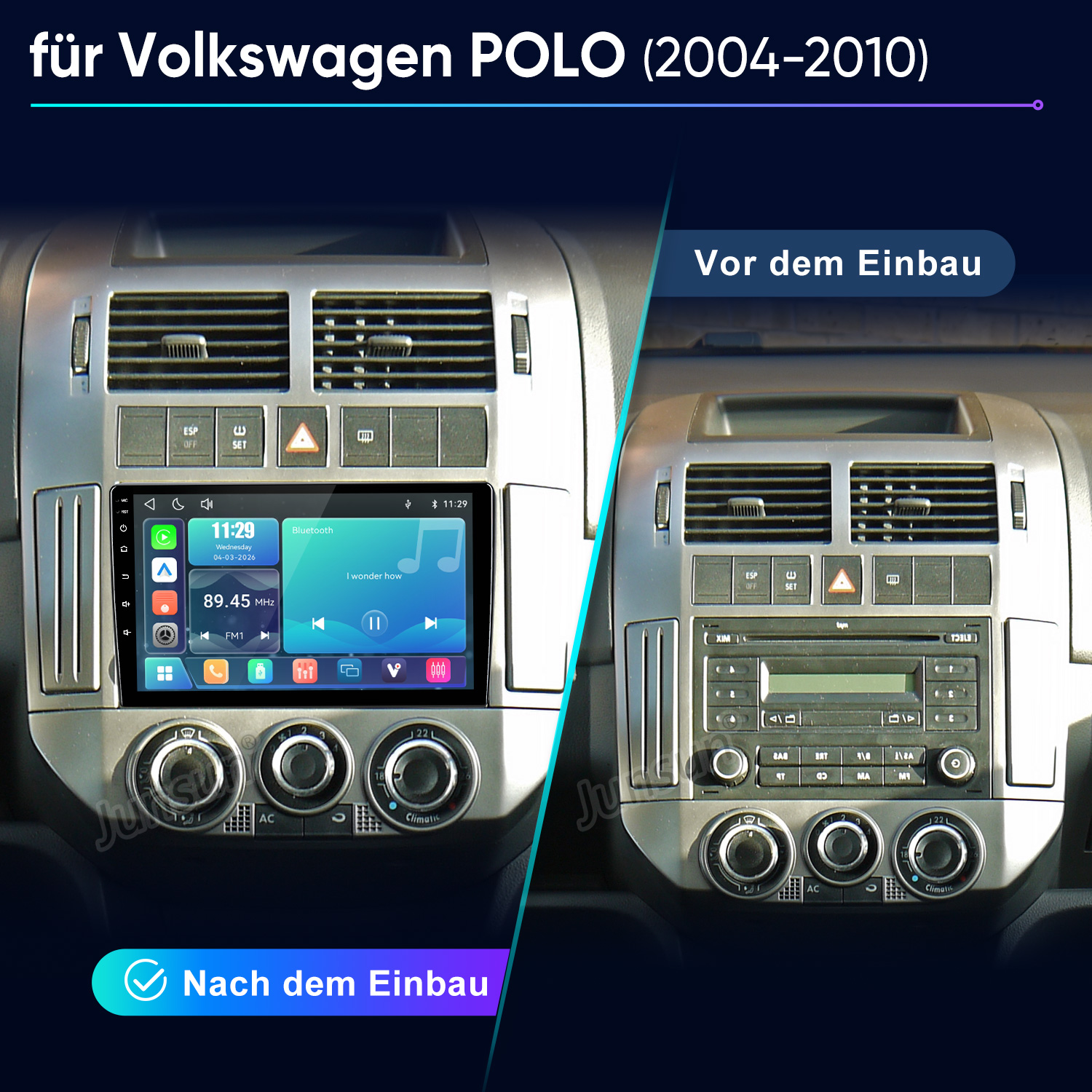 Vergleich von VW Polo Armaturenbrett: links nach Einbau mit neuem Touch-Display, rechts vor Einbau.