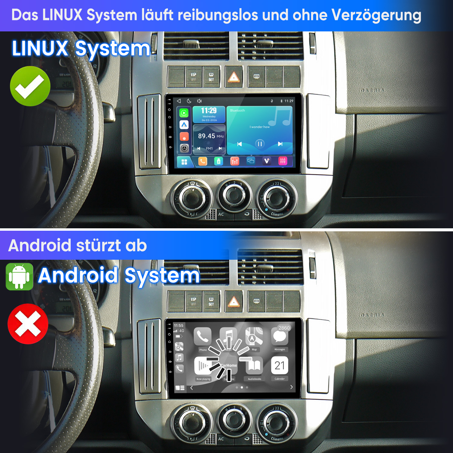 Vergleich zweier Auto-Displays: Linux läuft reibungslos, Android stürzt ab mit Ladesymbol.
