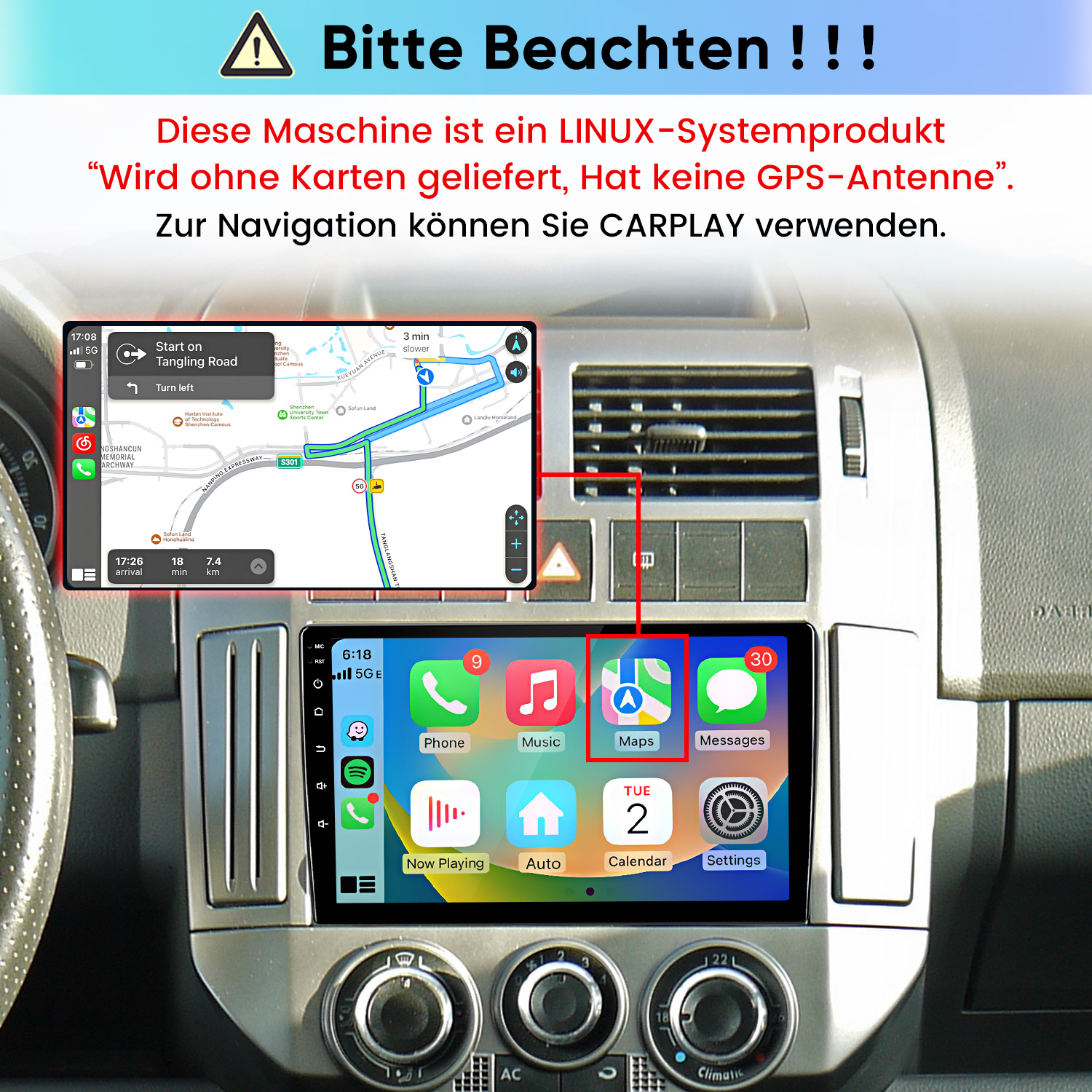 Linux-Autoradio mit CarPlay-Navigation und App-Icons auf dem Display.