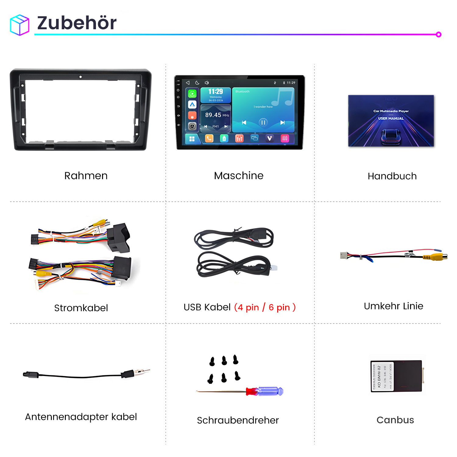 Übersicht von Autoradio-Zubehörteilen wie Rahmen, Display, Kabeln, Schraubendreher und Canbus mit deutscher Beschriftung.