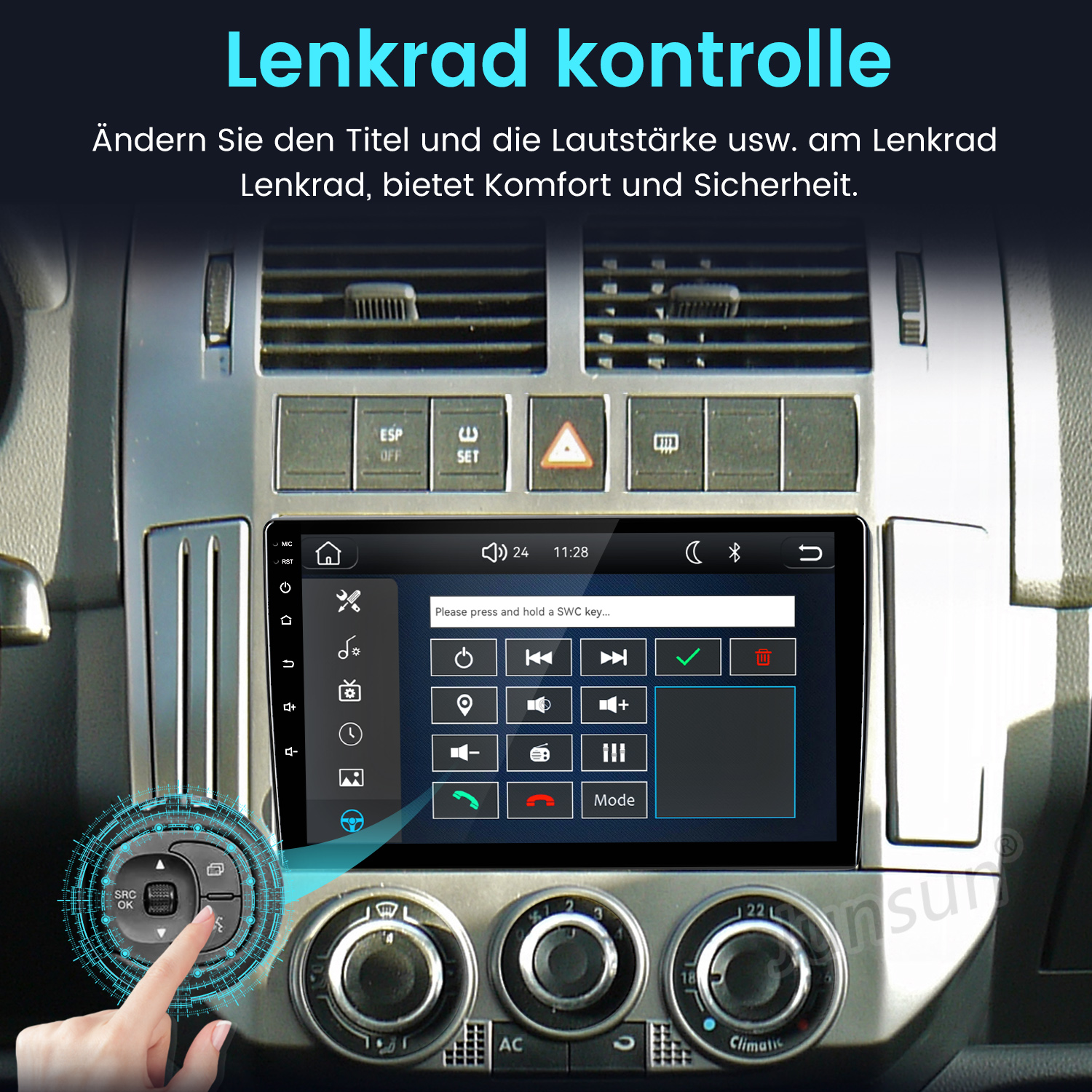 Autoinnenraum mit Touchscreen und Klimabedienelementen sowie Text über Lenkradsteuerung.
