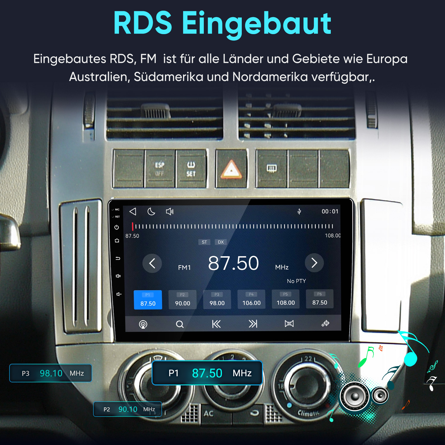 Ein Car-Radio mit FM-Tuner und RDS-Anzeige ist im Armaturenbrett eines Autos installiert.