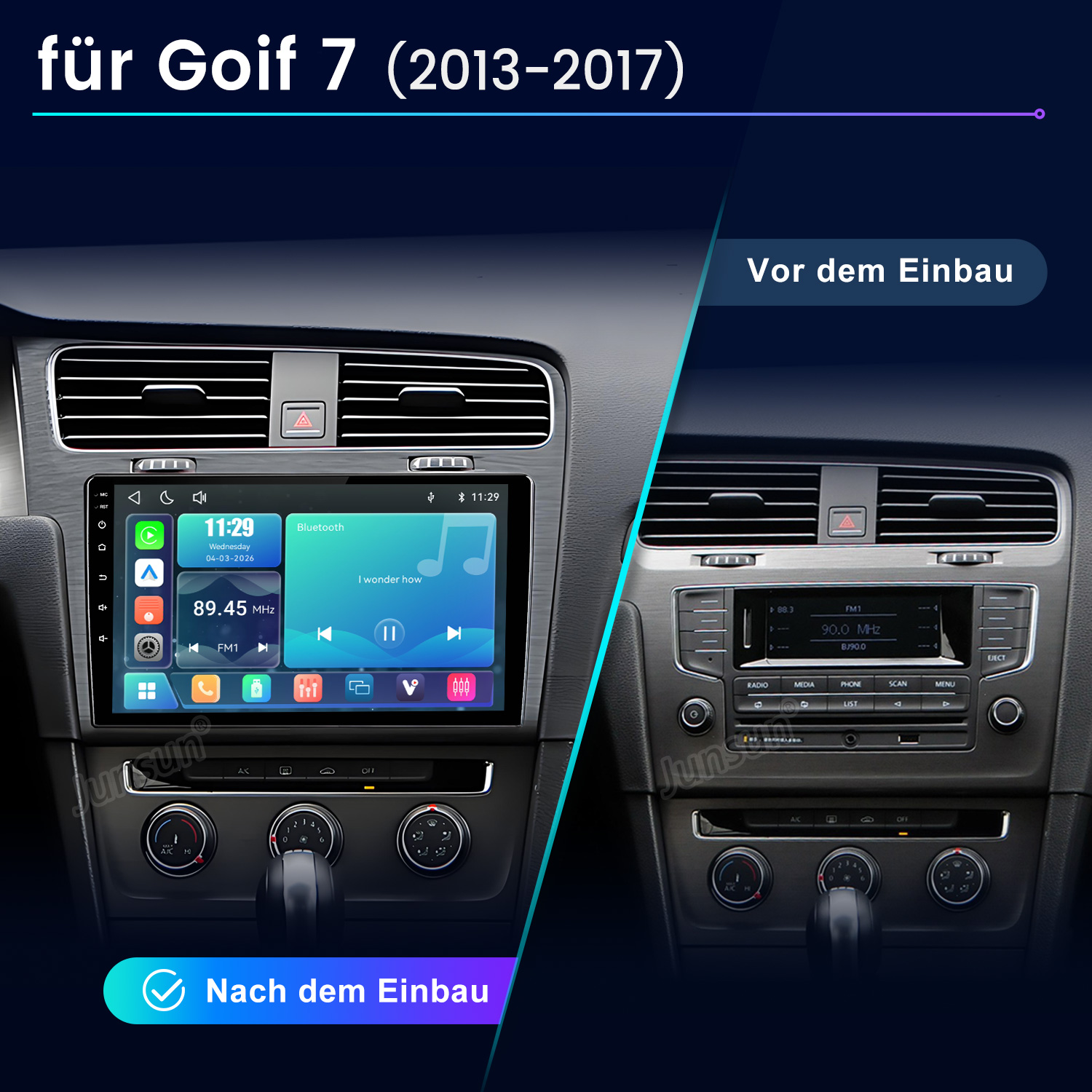 Vergleich eines VW Golf 7 Armaturenbretts vor und nach dem Einbau eines modernen Touchscreen-Radios.