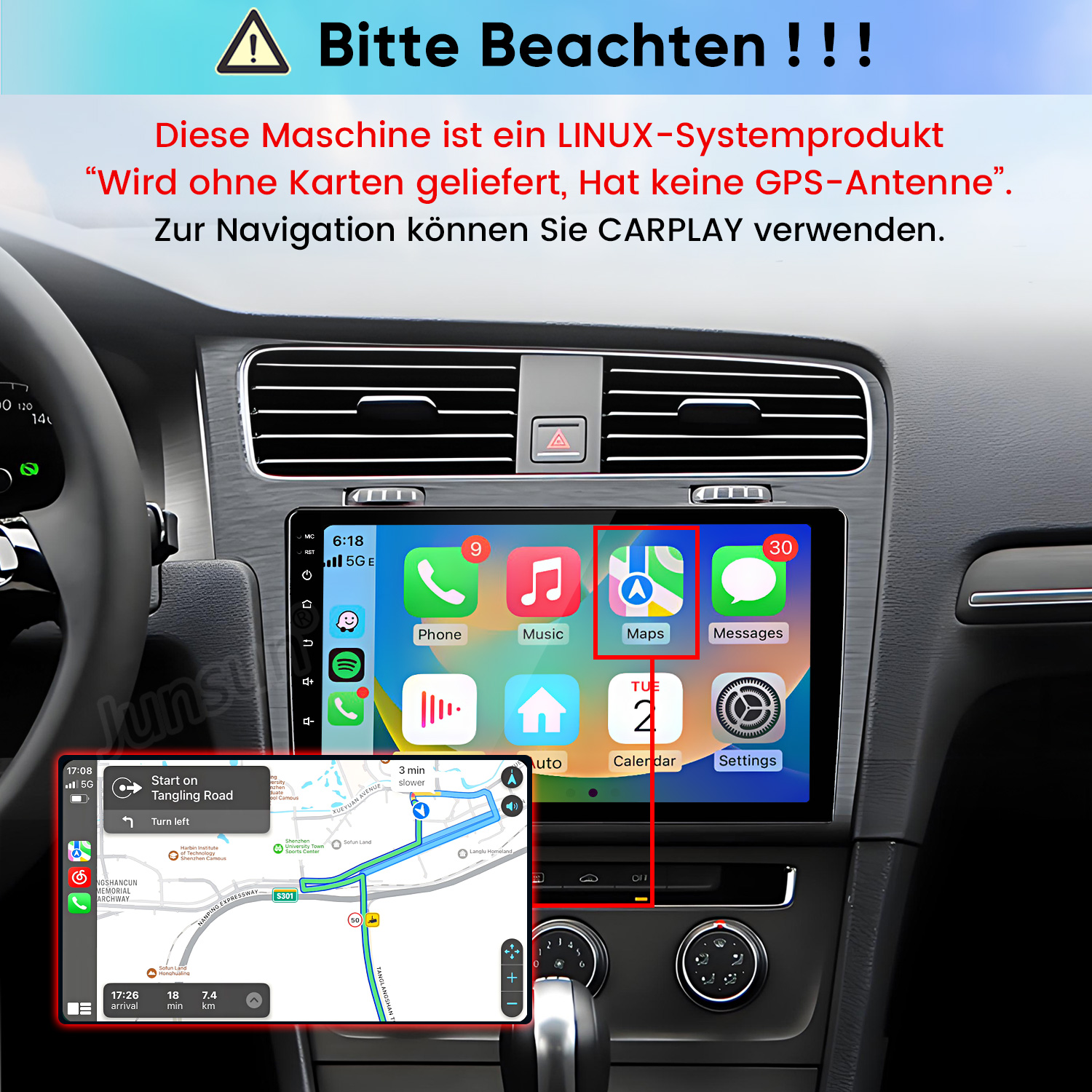 Linux-Autoradio mit CarPlay-Navigation in einem Armaturenbrett.
