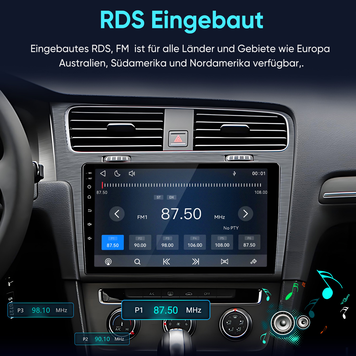 Autoradio mit Touchscreen zeigt FM 87.50 MHz, integriertes RDS, Lüftungsschlitze im Armaturenbrett.