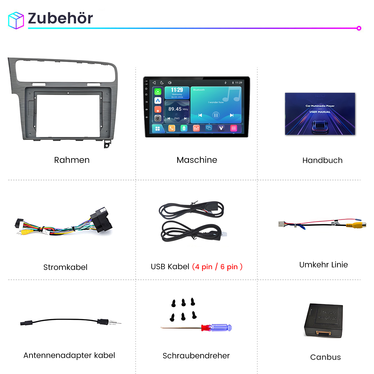 Übersicht von Autozubehörteilen wie Radioblende, Display, Kabel und Werkzeug mit deutschen Beschriftungen.
