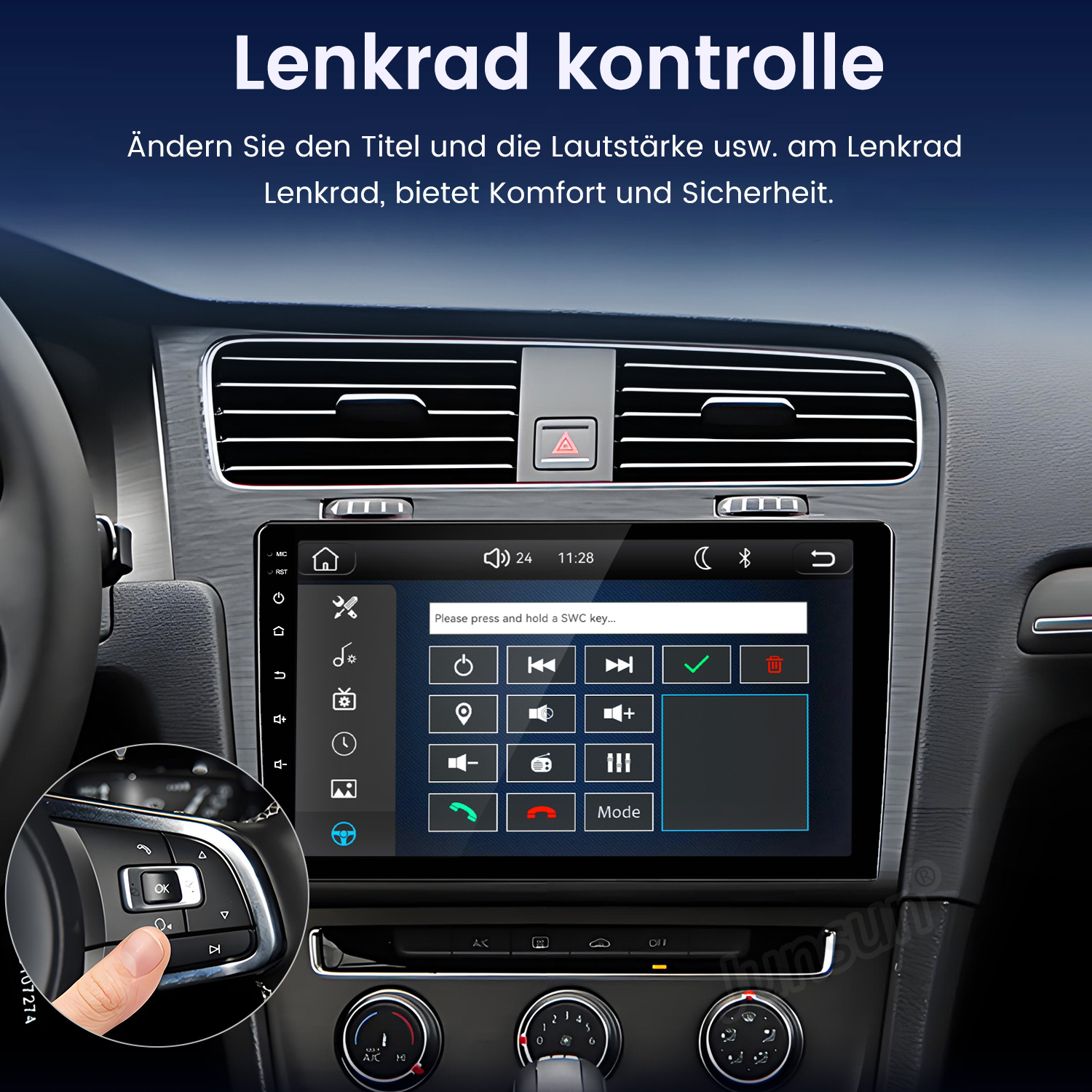 Auto-Armaturenbrett mit Touchscreen-Infotainmentsystem und Lenkradtasten im eingefügten Kreis.