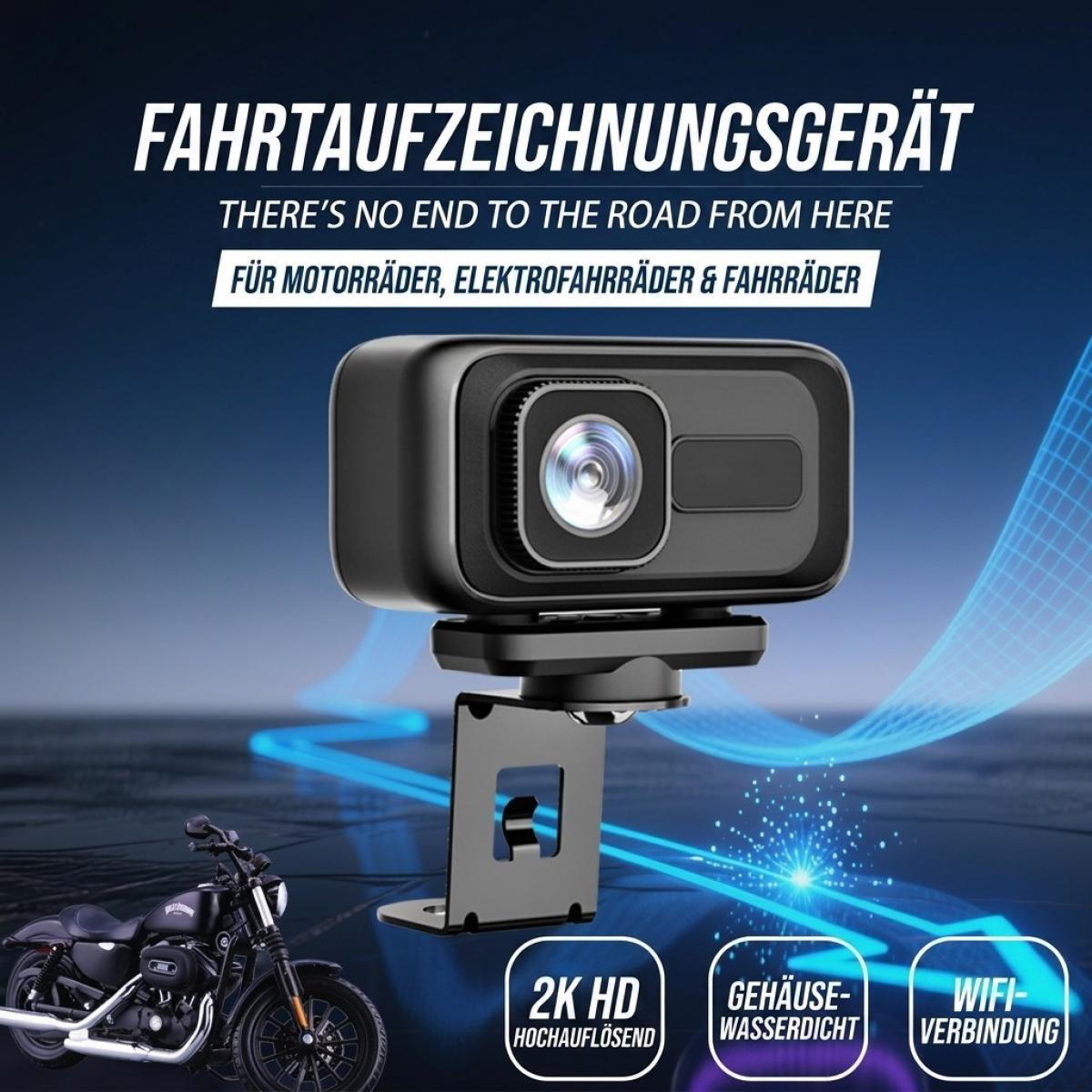Eine schwarze Motorrad-Dashcam ist auf einer Halterung montiert, vor dunklem Straßenhintergrund mit Werbetext.