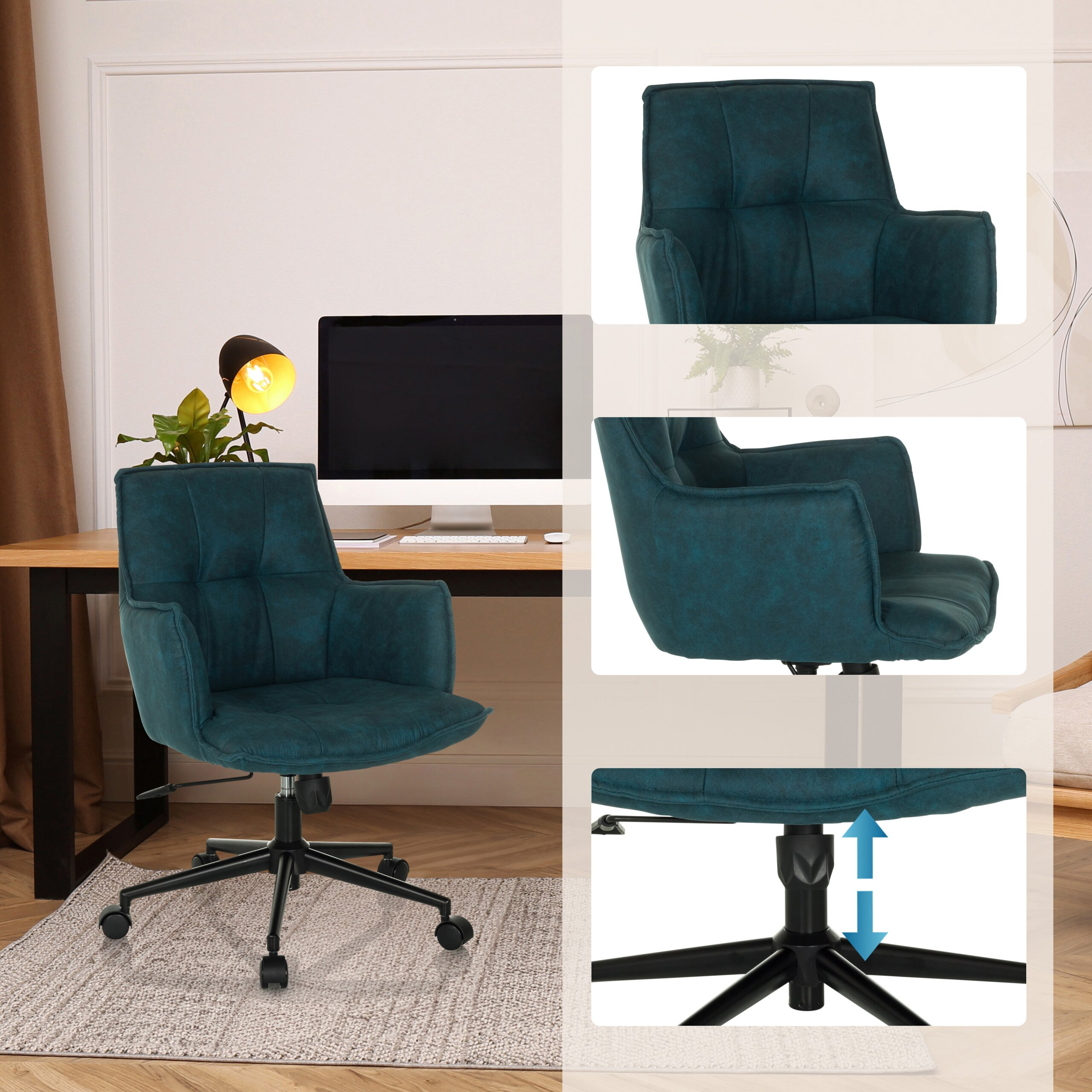 Dunkelgrüner Drehstuhl mit Rollen und verstellbarer Höhe, im Arbeitszimmer platziert, mit Detailaufnahmen.