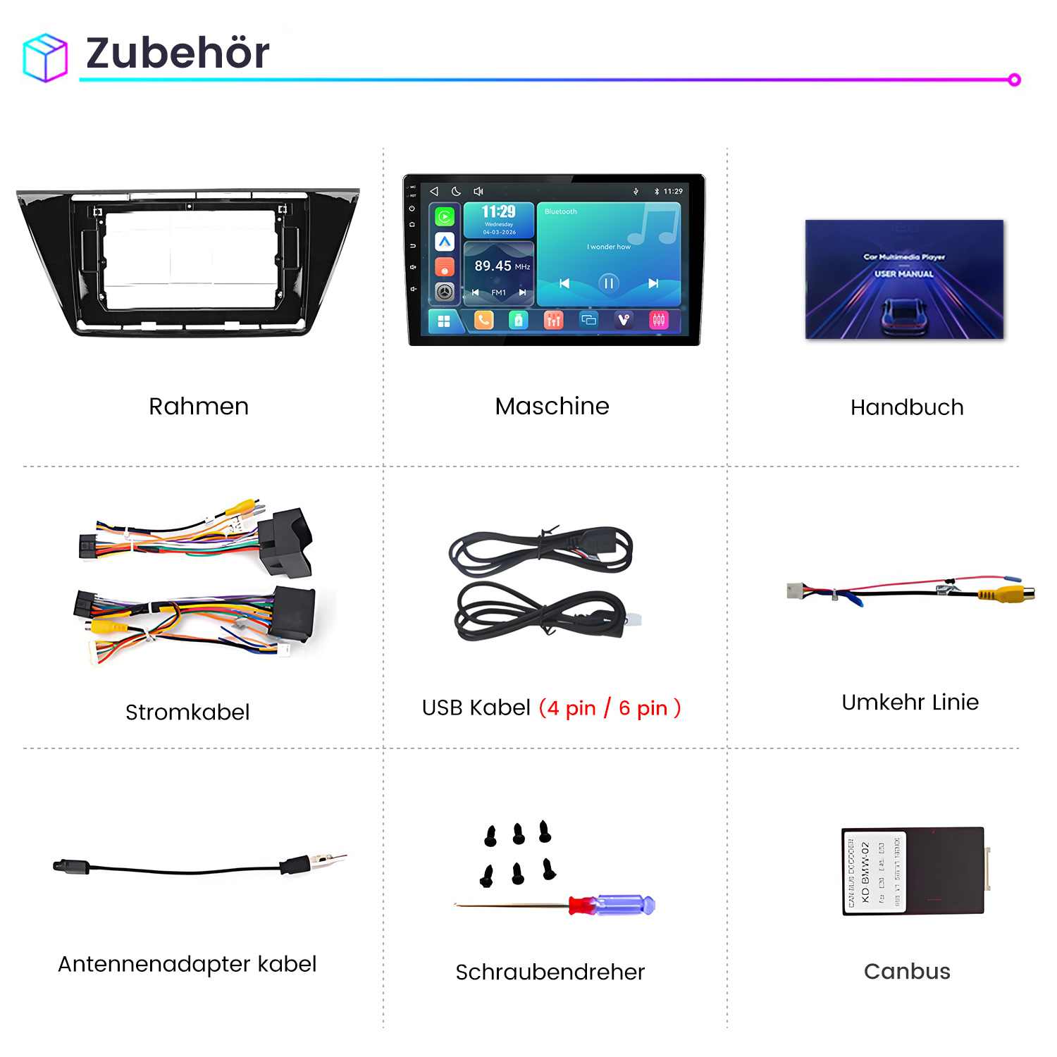 Übersicht von Autoradio-Zubehörteilen wie Rahmen, Display, Kabeln, Handbuch, Schrauben und Canbus.