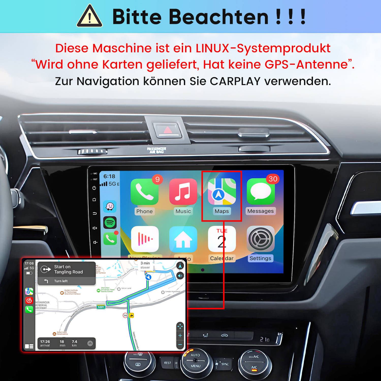 Linux-Car-Radio-Display mit CarPlay-Kartenfunktion im Armaturenbrett eines Autos.