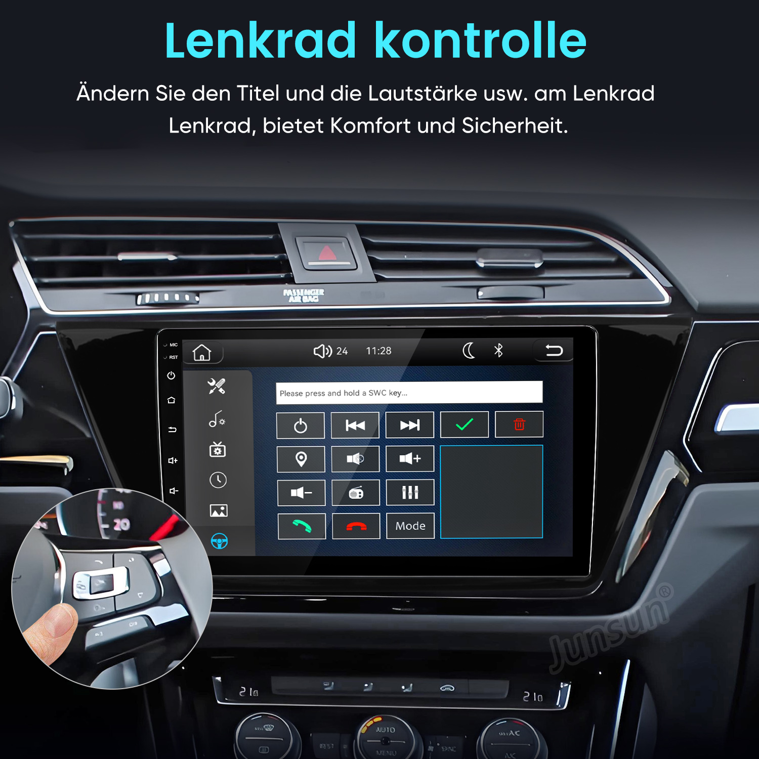 Autoinnenraum mit Touchscreen und Zoom auf Lenkradtasten.