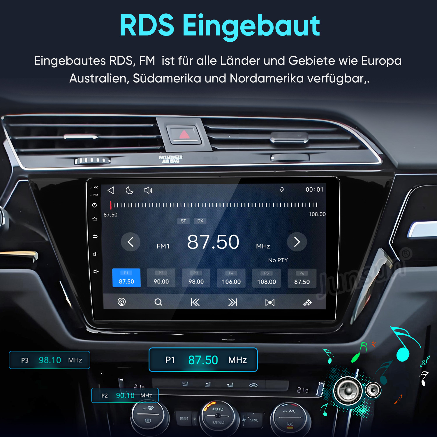 Autoradio mit RDS-Funktion und FM-Schnittstelle eingebaut im Armaturenbrett eines Autos.