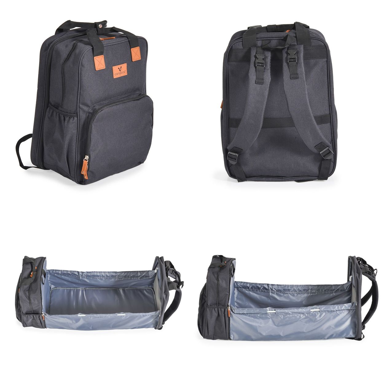 Ein grauer Wickelrucksack, der sich in ein Reisebett aufklappen lässt, gezeigt aus verschiedenen Blickwinkeln.