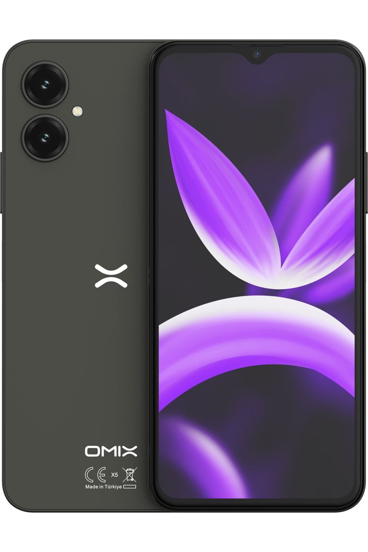 Koyu yeşil Omix akıllı telefon ön ve arka yüzüyle, çift arka kamera ve ekranda mor çiçek deseniyle.
