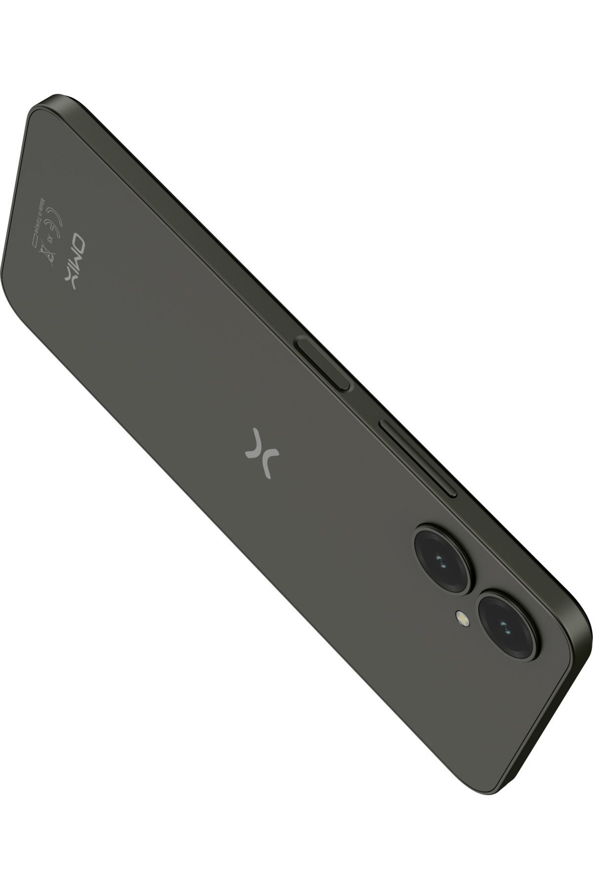 Beyaz arka planda çift kameralı, marka logolu ve yan tuşlu arka yüzeyi görünen açılı koyu yeşil akıllı telefon.