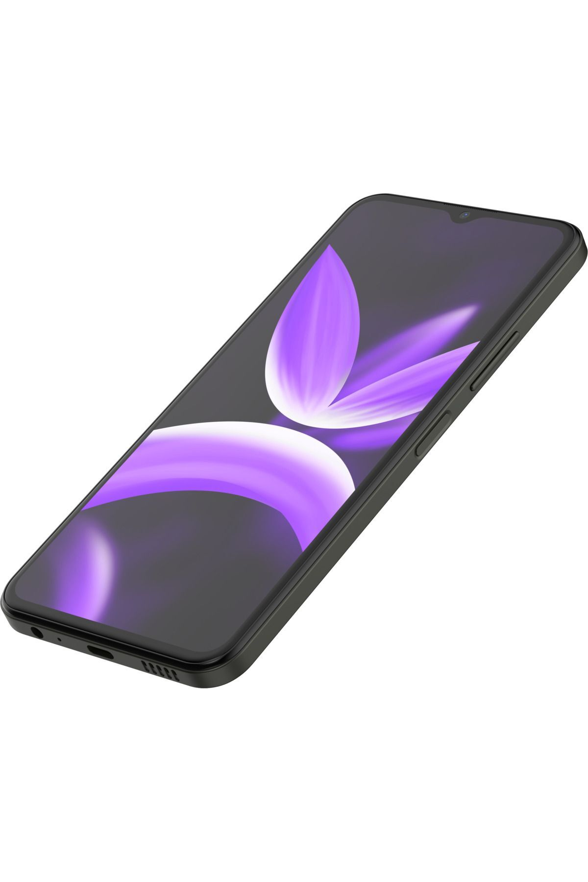 Beyaz arkaplanda eğimli duran siyah akıllı telefonun ekranında mor soyut çiçek grafiği var.