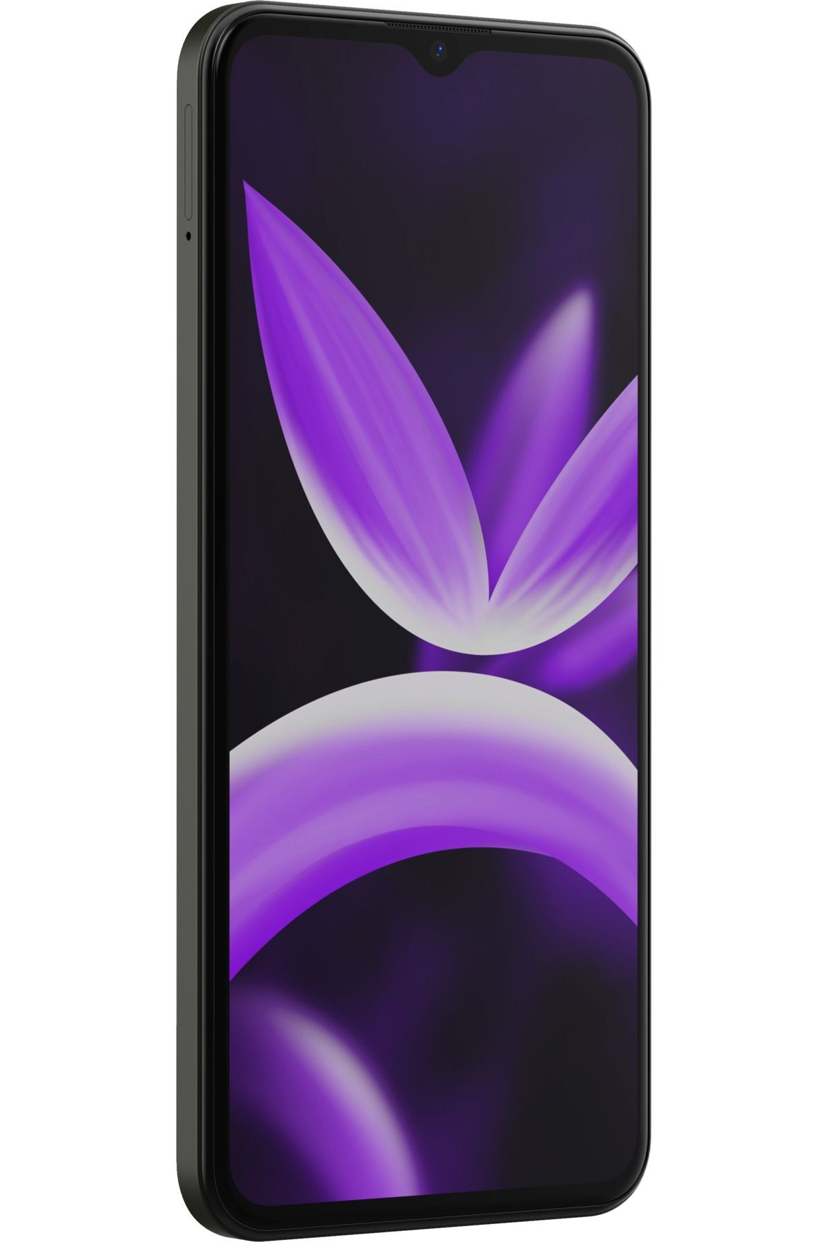 Siyah bir akıllı telefonun ekranında soyut mor taç yaprak deseni yer alıyor.