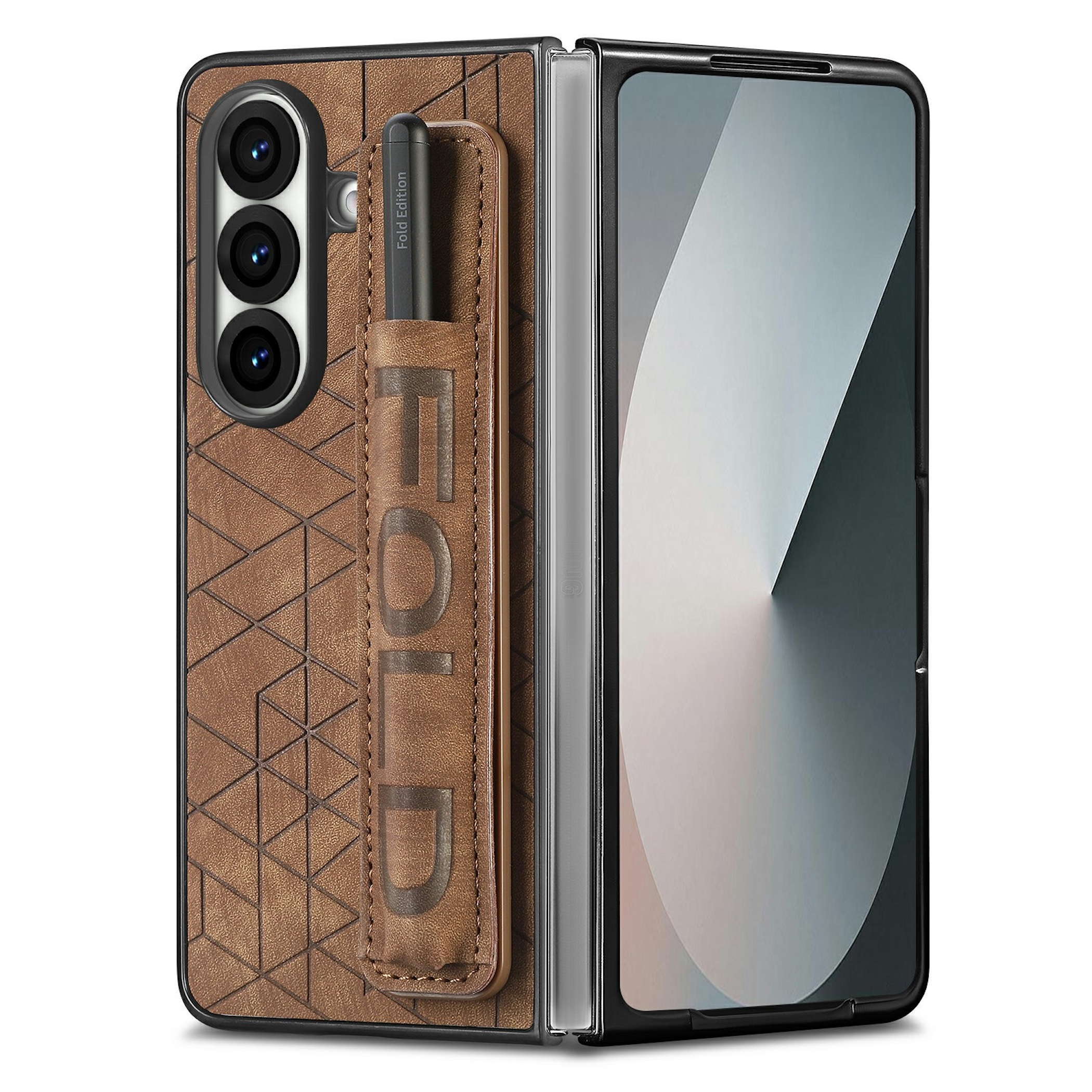 Ein faltbares Smartphone mit braunem Lederetui, Stifthalter und drei vertikalen Rückkameras.