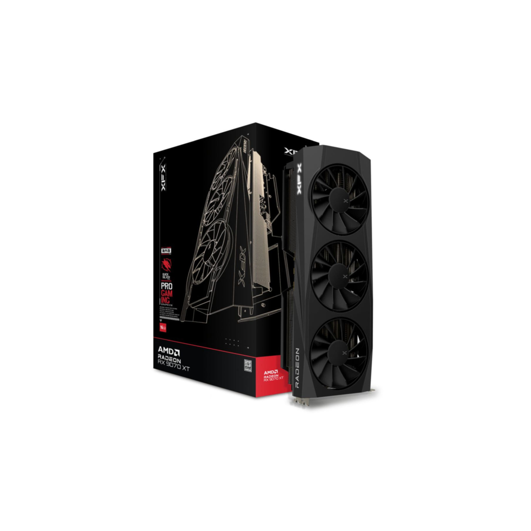 Scheda grafica nera AMD Radeon RX 9070 XT con tre ventole accanto alla confezione.