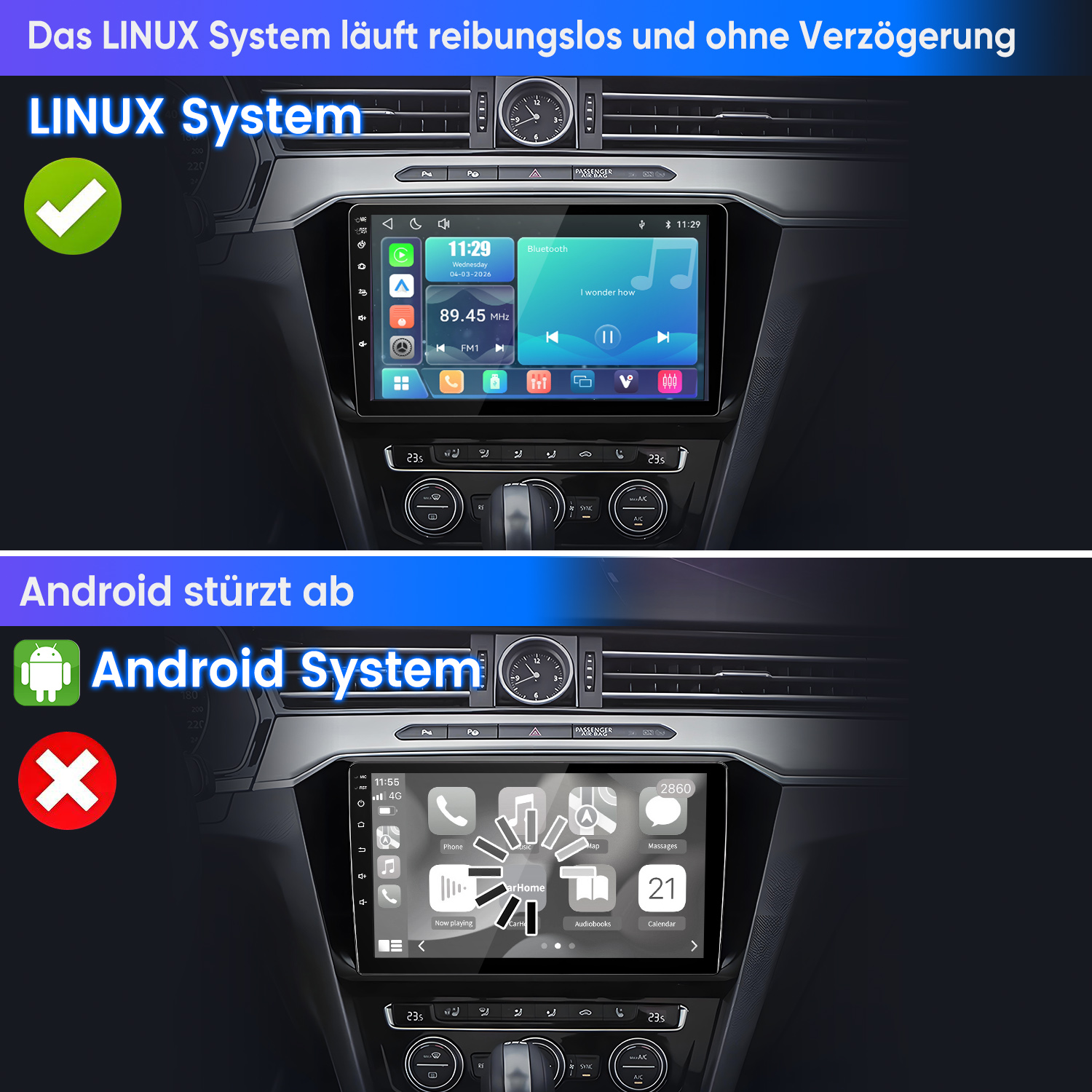 Vergleich zweier Auto-Displays: Ein Linux-System läuft reibungslos, während ein Android-System abstürzt.