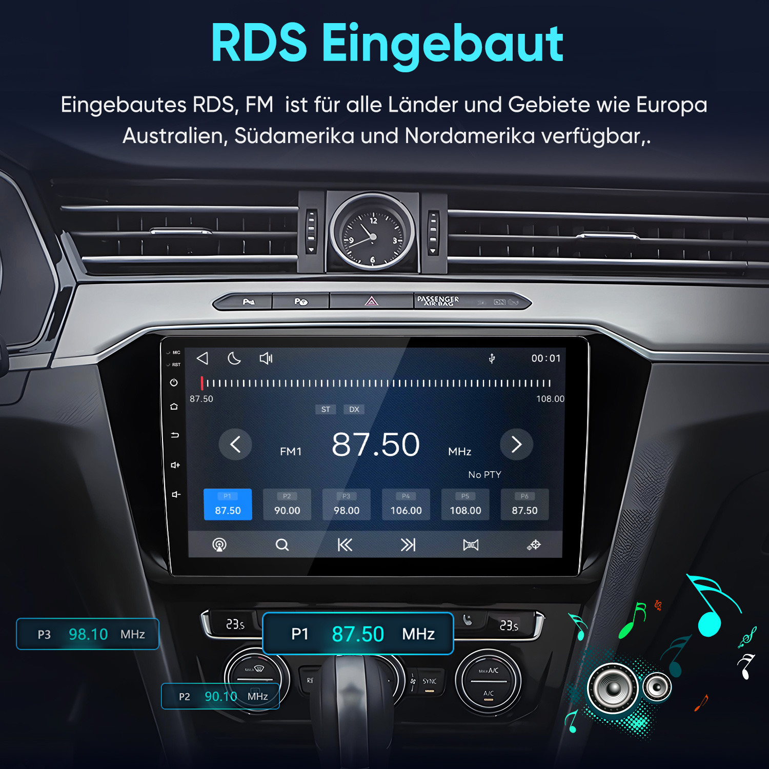 Ein Auto-Armaturenbrett mit digitalem Radio-Display bei FM 87,50 MHz und Bedientasten.