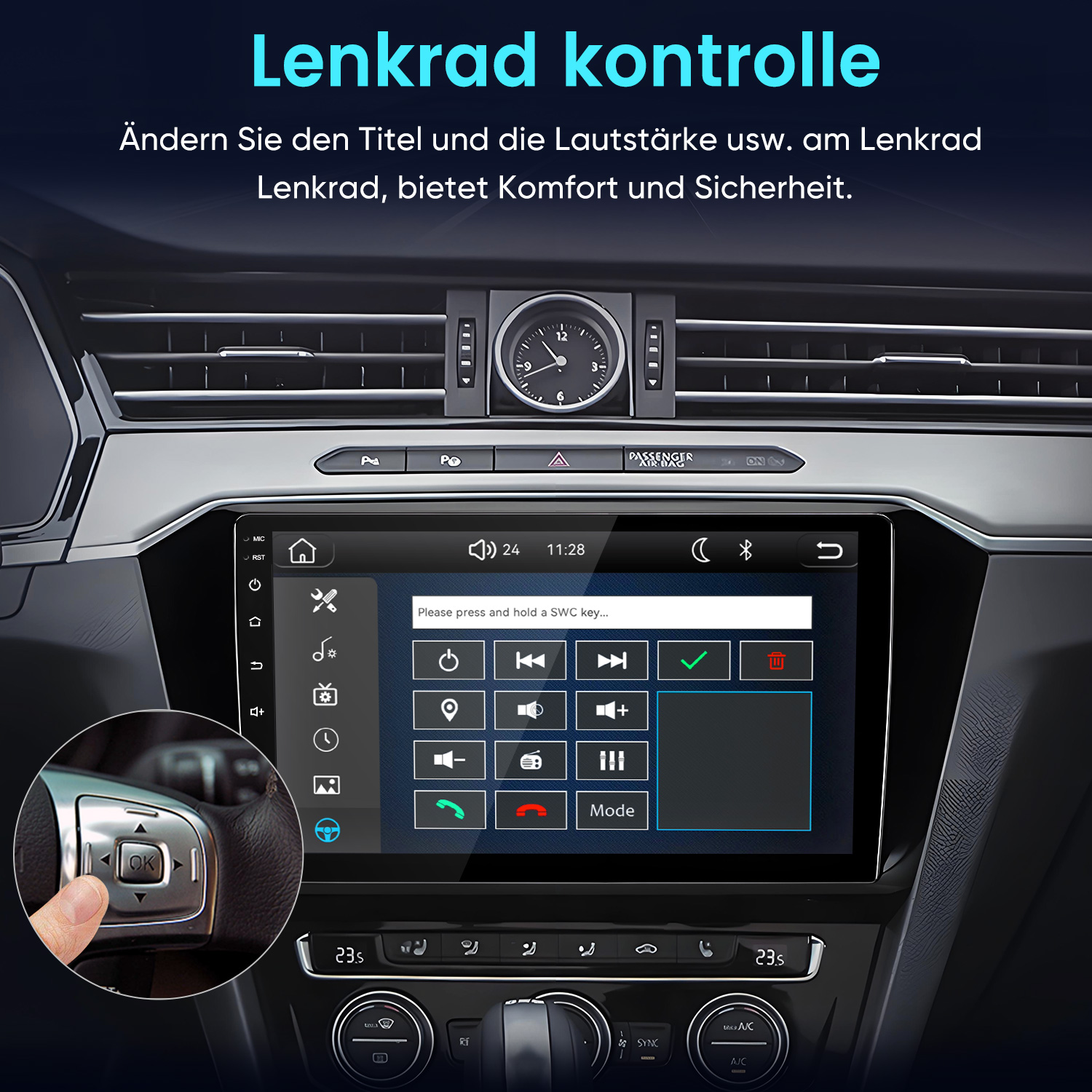 Autocockpit mit Touchscreen-Display und Detailansicht von Lenkradtasten, die gedrückt werden.