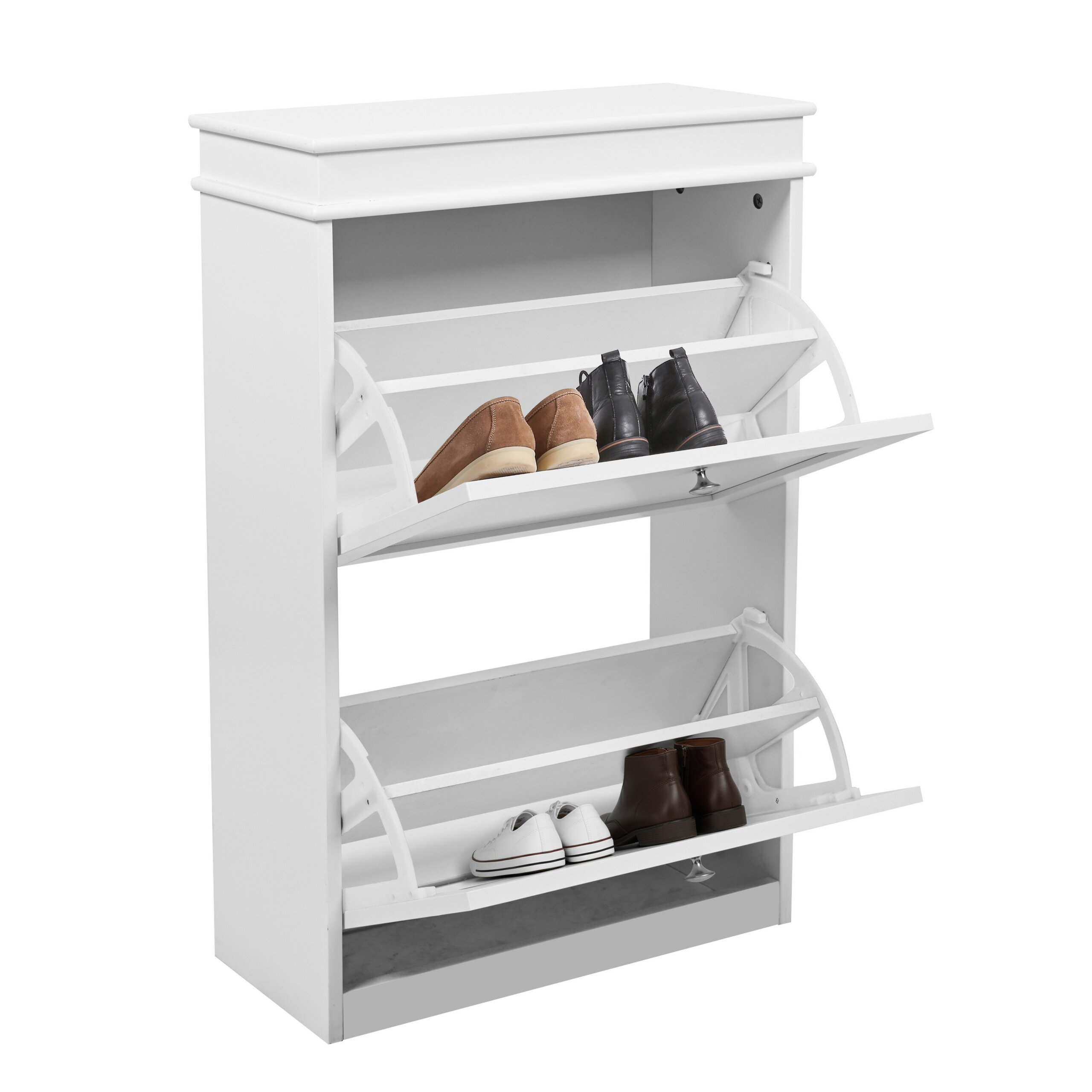 Ein weißer Holzschrank mit zwei offenen Schubladen, in denen verschiedene Schuhe ordentlich aufbewahrt sind.