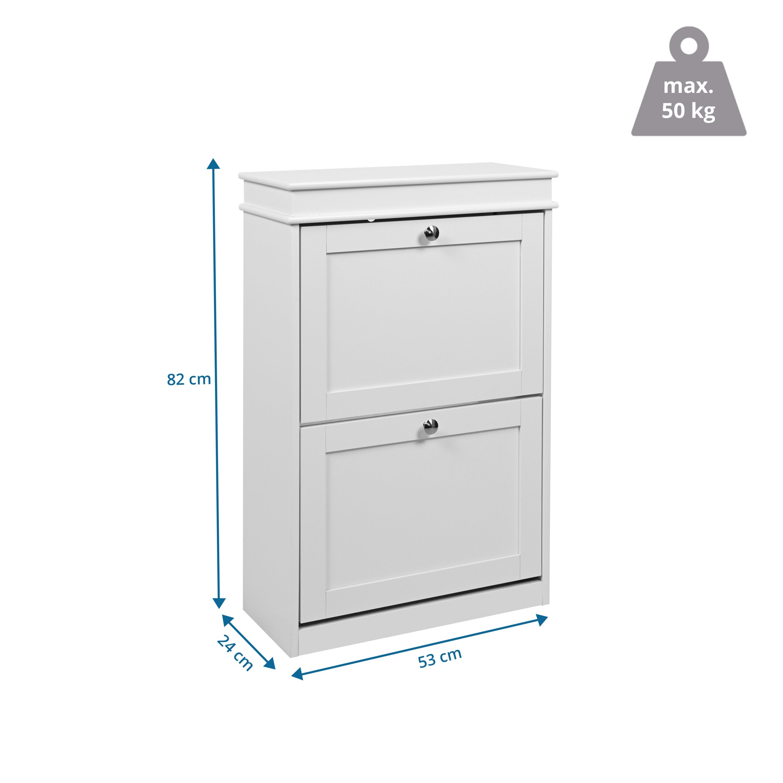 Weißer Schuhschrank mit zwei Fächern, Maße 82x53x24 cm, max. 50 kg Belastung.