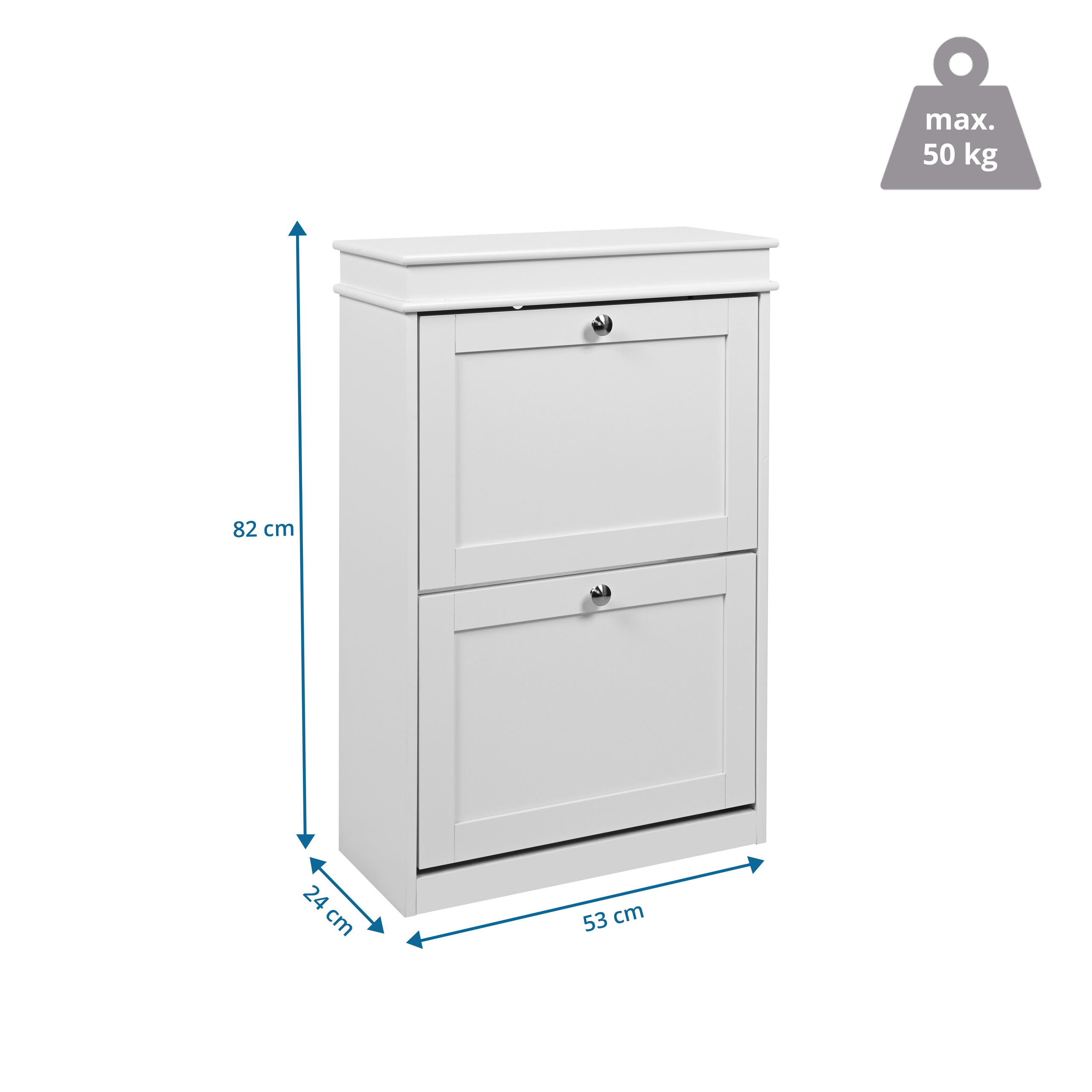 Weißer Schuhschrank mit zwei Klappen und Maßen von 82x53x24 cm, max. 50 kg.