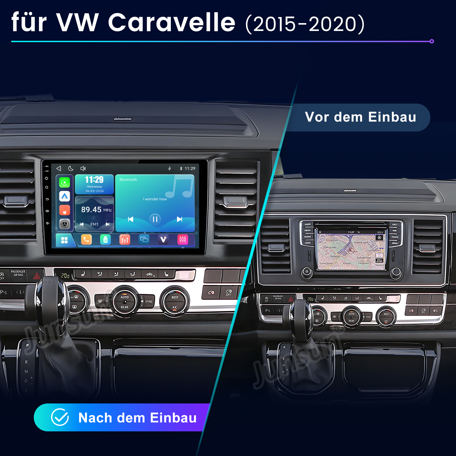 Vergleich eines VW-Caravelle-Armaturenbretts vor und nach dem Einbau eines modernen Touchscreen-Infotainmentsystems.