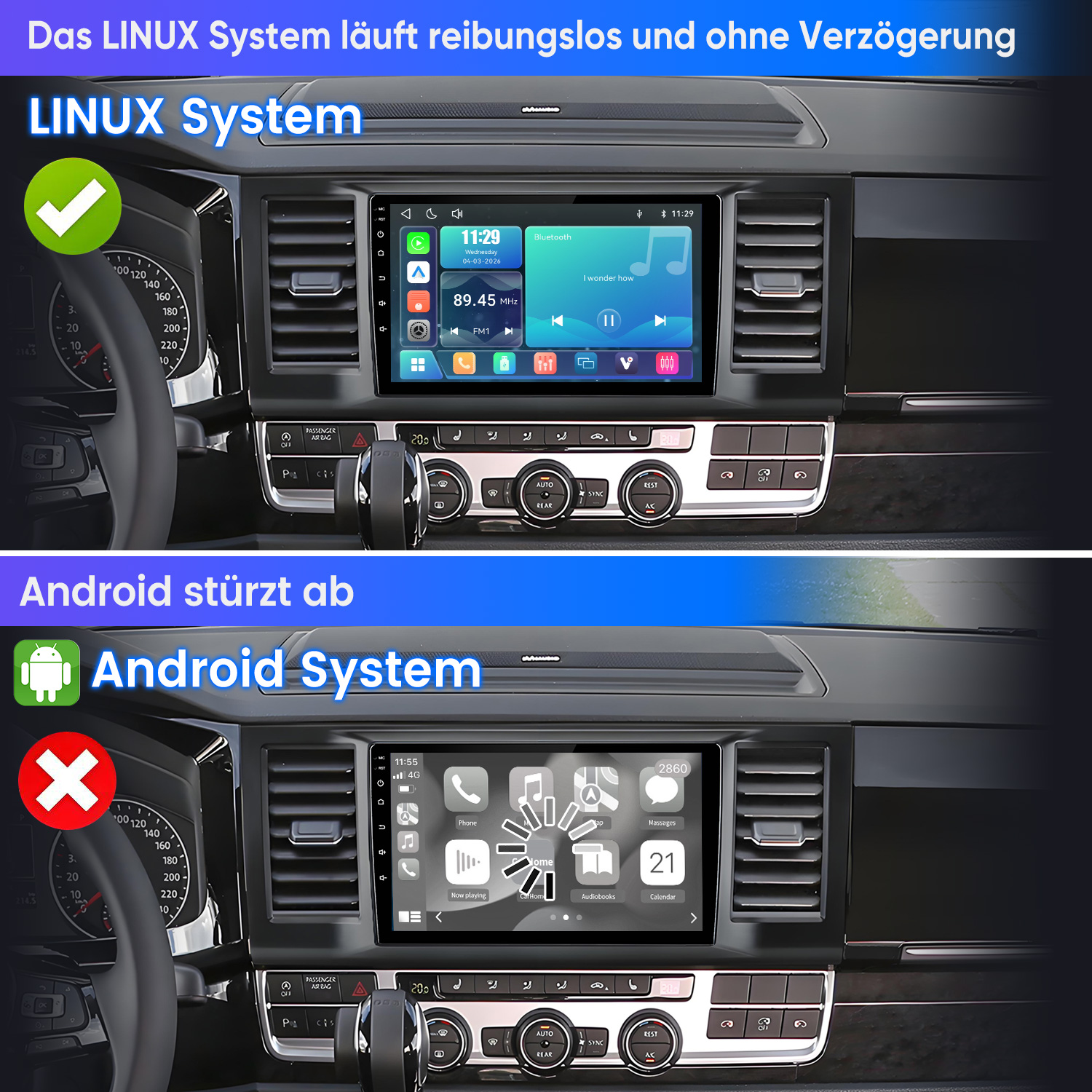 Vergleich zweier Auto-Displays: Linux läuft reibungslos, Android zeigt einen Ladefehler.