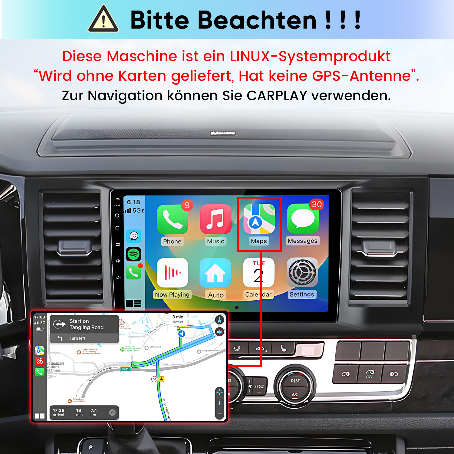 Auto-Infotainment-Bildschirm mit CarPlay-Apps und GPS-Navigationsinset.