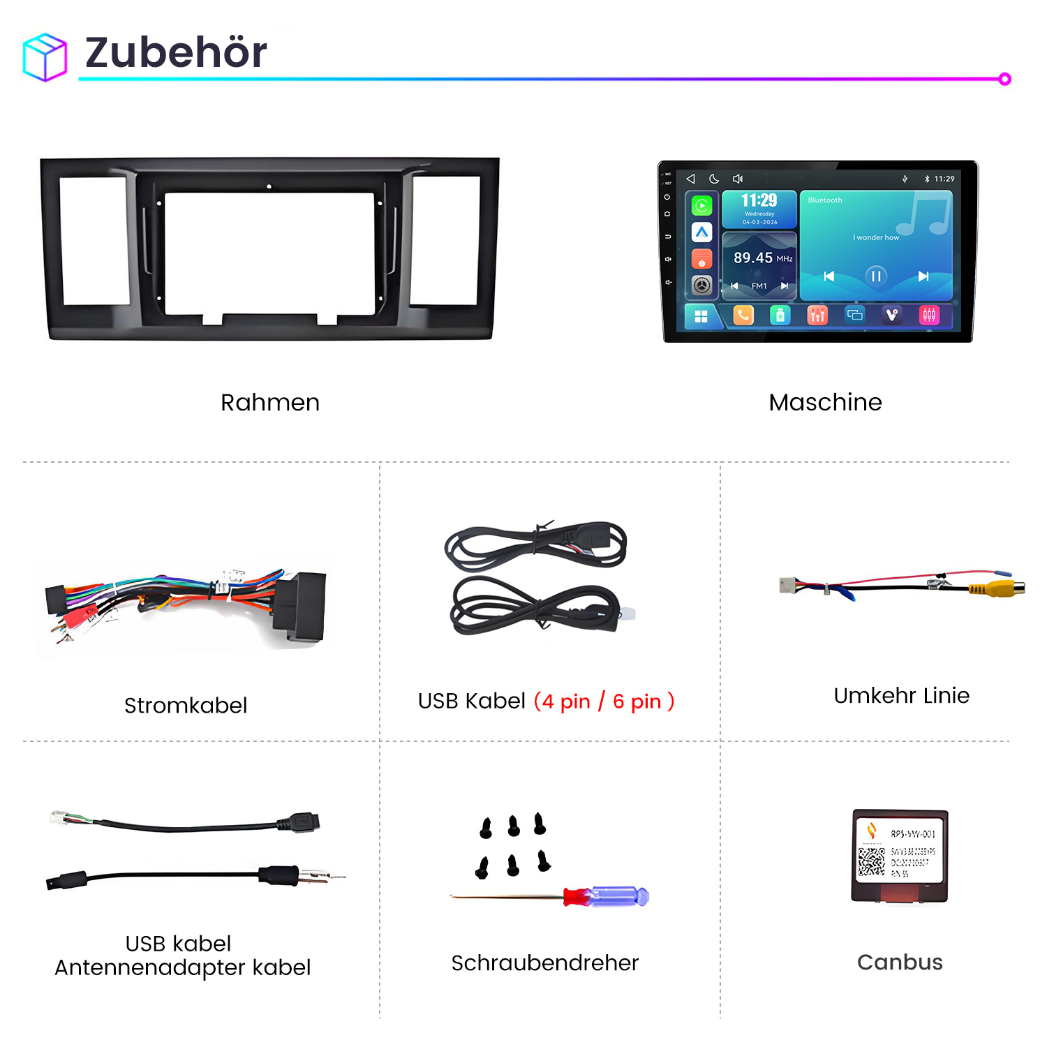Autoradio-Zubehör, einschließlich Armaturenbrett-Rahmen, Steuergerät, Kabelbaum, USB-Kabel, Kamerakabel und Werkzeug.
