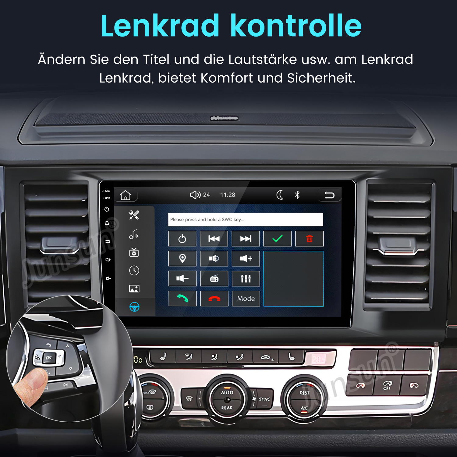 Autodisplay mit Lenkradsteuerung für komfortable und sichere Bedienung.